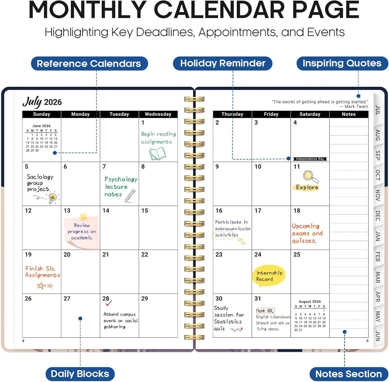 image:imagePlanner 20262027 Academic Monthly Weekly Spiral Calendar July 2026 June 2027 Hardcover Agenda Notebook with Tabs 85 x 11 Perfect for Students Teachers School amp Daily Planning Twilight BloomFMidnight Blooms