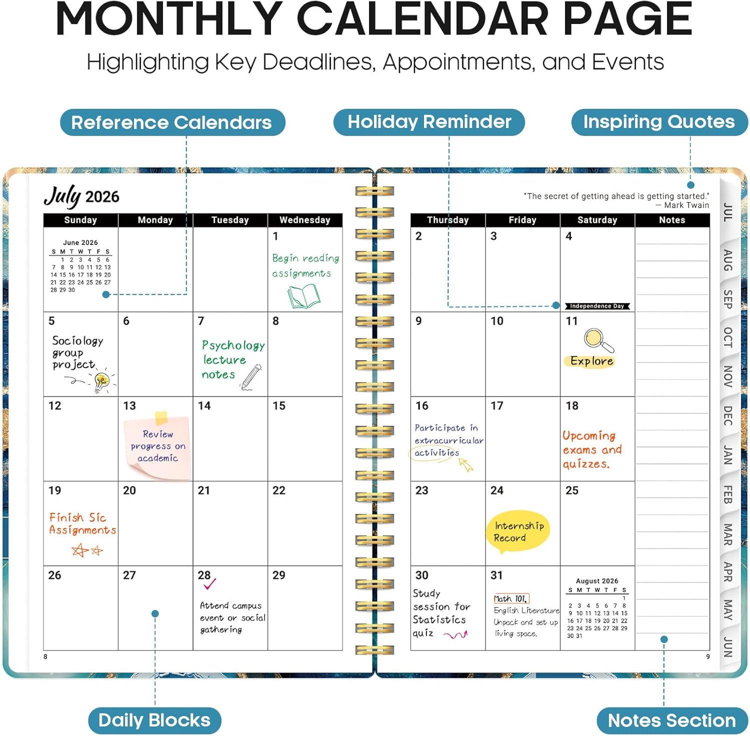 image:imagePlanner 20262027 Academic Monthly Weekly Spiral Calendar July 2026 June 2027 Hardcover Agenda Notebook with Tabs 85 x 11 Perfect for Students Teachers School amp Daily Planning Twilight BloomYBlue Agate