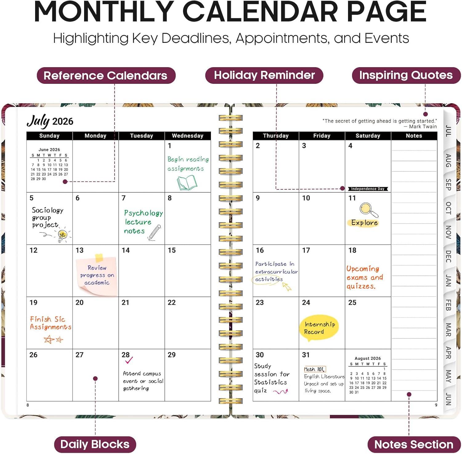 image:imagePlanner 20262027 Academic Monthly Weekly Spiral Calendar July 2026 June 2027 Hardcover Agenda Notebook with Tabs 85 x 11 Perfect for Students Teachers School amp Daily Planning Twilight BloomKVineyard Birds