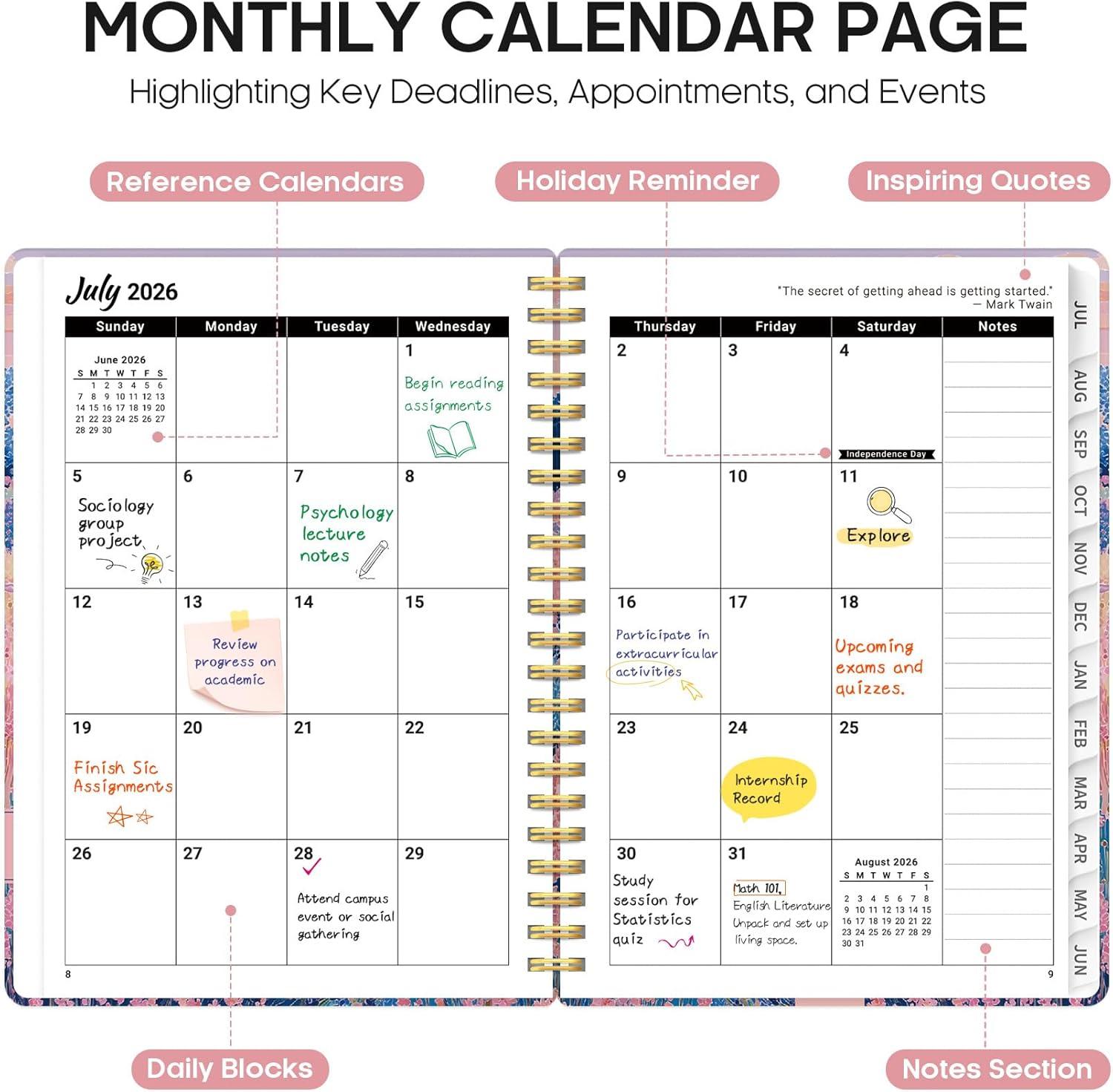 image:imagePlanner 20262027 Academic Monthly Weekly Spiral Calendar July 2026 June 2027 Hardcover Agenda Notebook with Tabs 85 x 11 Perfect for Students Teachers School amp Daily Planning Twilight BloomOWindmill Fields