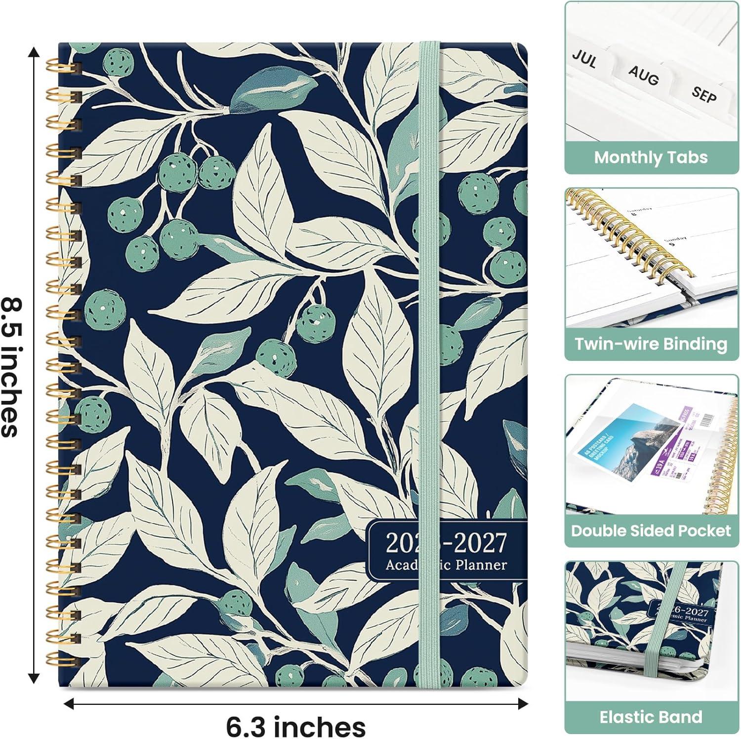 image:imagePlanner 20262027 Academic Monthly and Weekly Calendar Planner for Women July 2026 June 2027 Hardcover Pretty Agenda Planner Book with Tabs Spiral Daily Organizer for School Office Home Supplies 63 x 85 Blue FloralWBotanic Berry