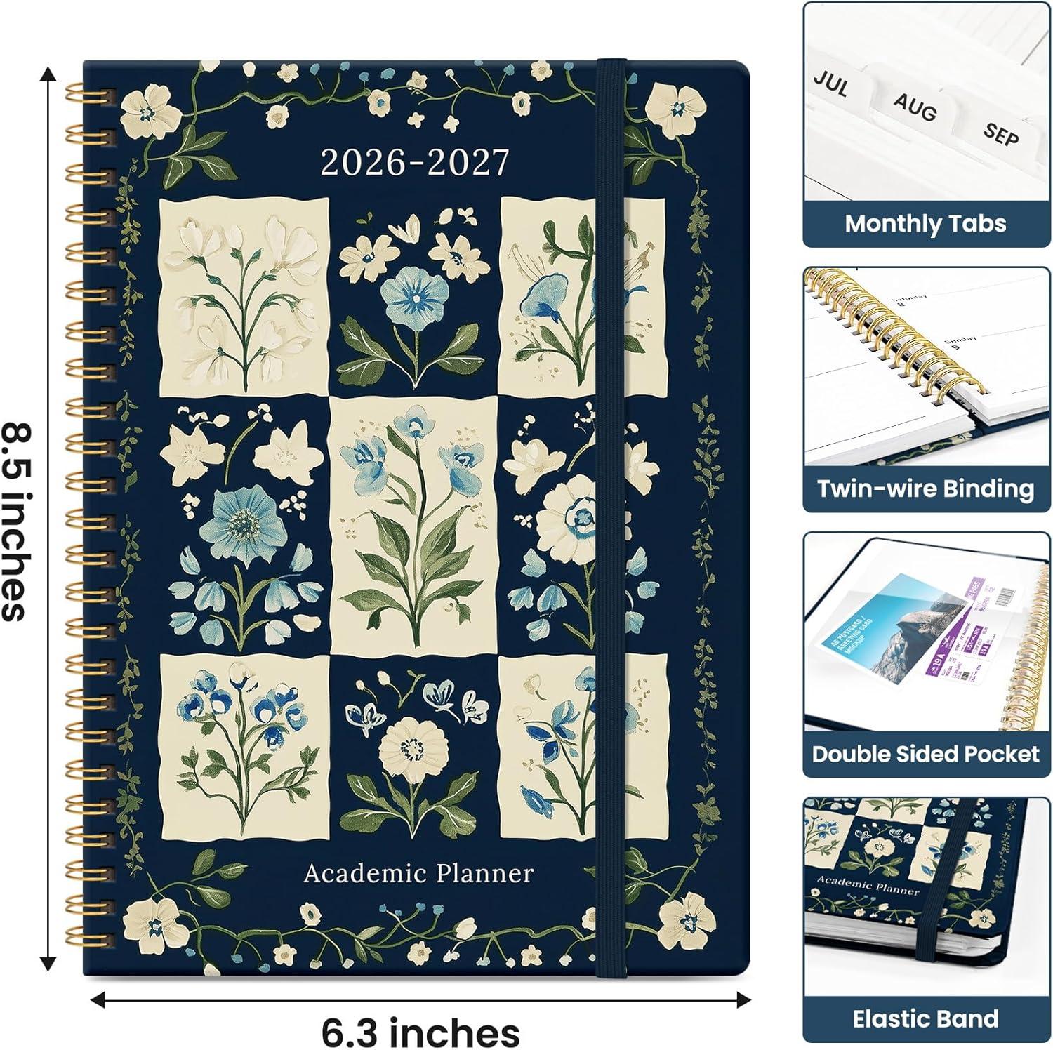 image:imagePlanner 20262027 Academic Monthly and Weekly Calendar Planner for Women July 2026 June 2027 Hardcover Pretty Agenda Planner Book with Tabs Spiral Daily Organizer for School Office Home Supplies 63 x 85 Blue FloralKBlue Patchwork