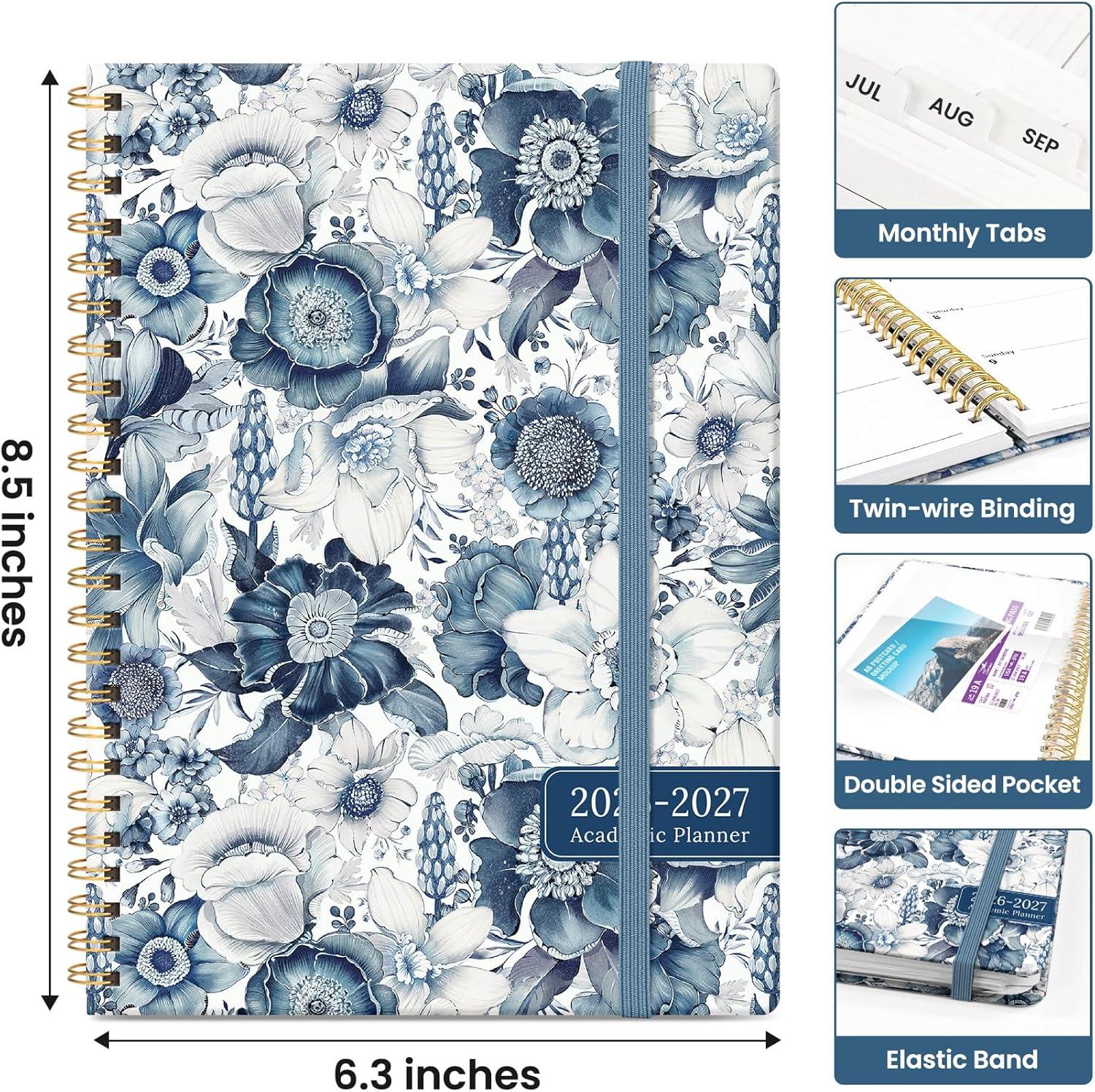 image:imagePlanner 20262027 Academic Monthly and Weekly Calendar Planner for Women July 2026 June 2027 Hardcover Pretty Agenda Planner Book with Tabs Spiral Daily Organizer for School Office Home Supplies 63 x 85 Blue FloralABlue Floral