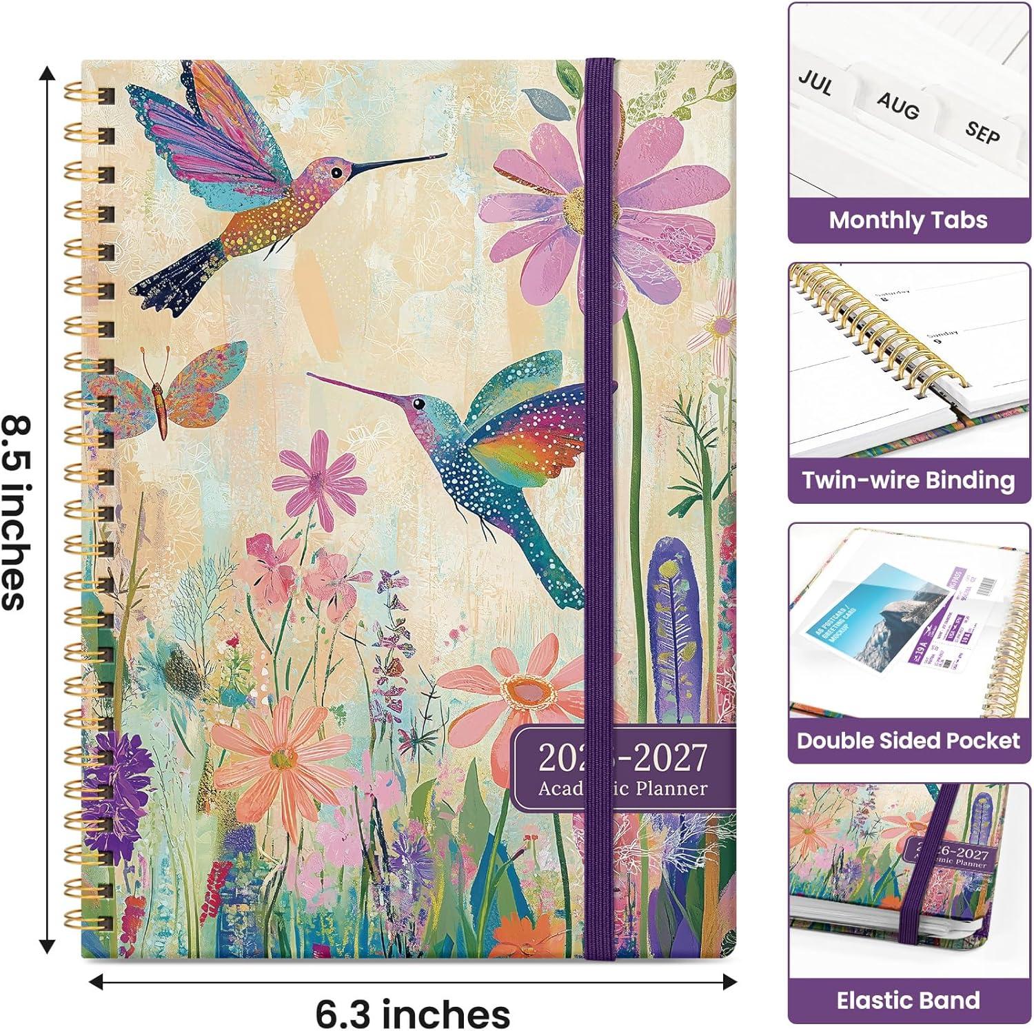 image:imagePlanner 20262027 Academic Monthly and Weekly Calendar Planner for Women July 2026 June 2027 Hardcover Pretty Agenda Planner Book with Tabs Spiral Daily Organizer for School Office Home Supplies 63 x 85 Blue FloralRHummingbird Garden