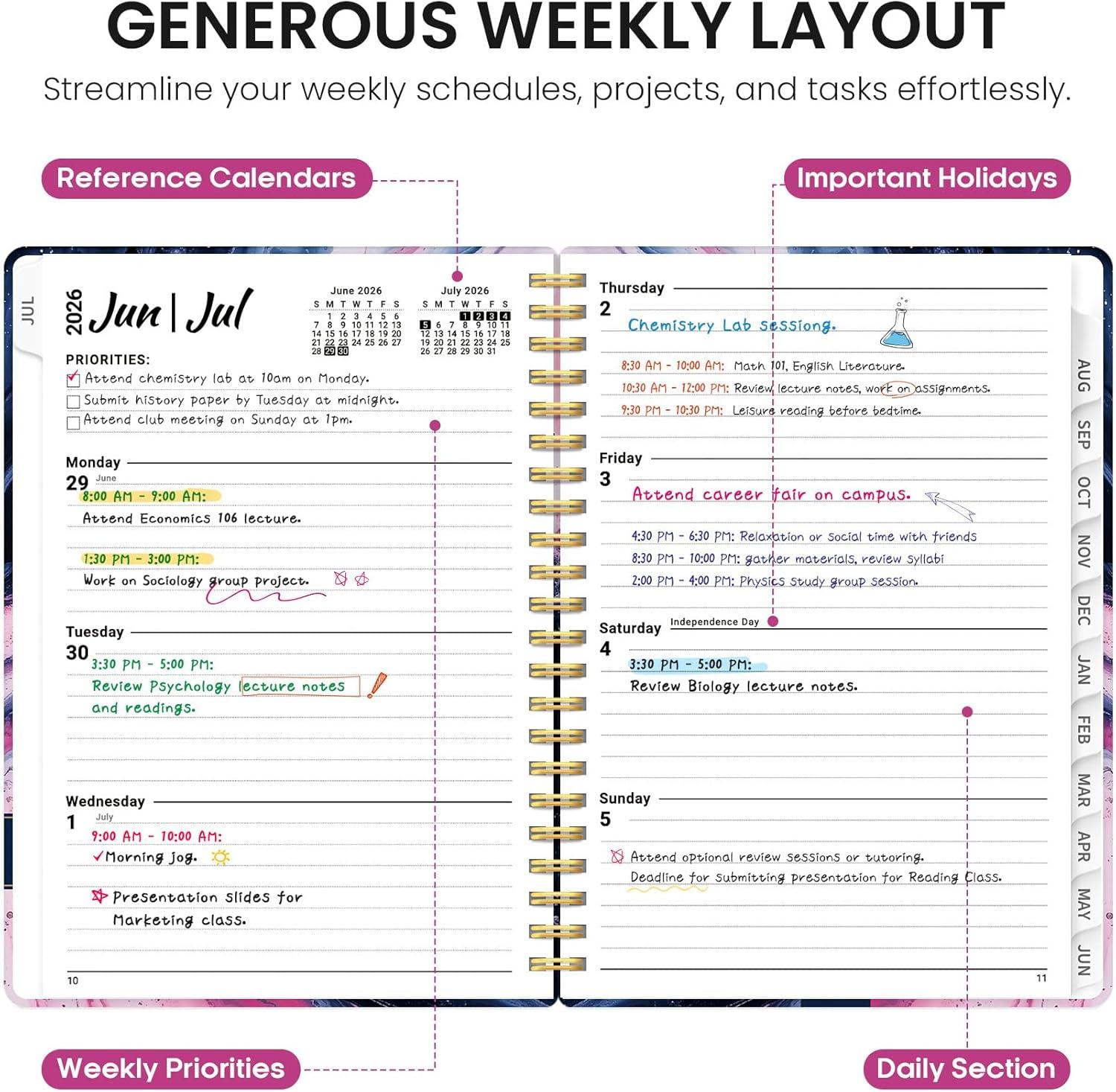 image:imagePlanner 20262027 Academic Year Monthly and Weekly Calendar Planner Jul 2026 Jun 2027 Hardcover Teacher Student Planning Agenda book with Tabs Perfect for School Office Supplies 63 x 85 Wild RoseXPink Vortex