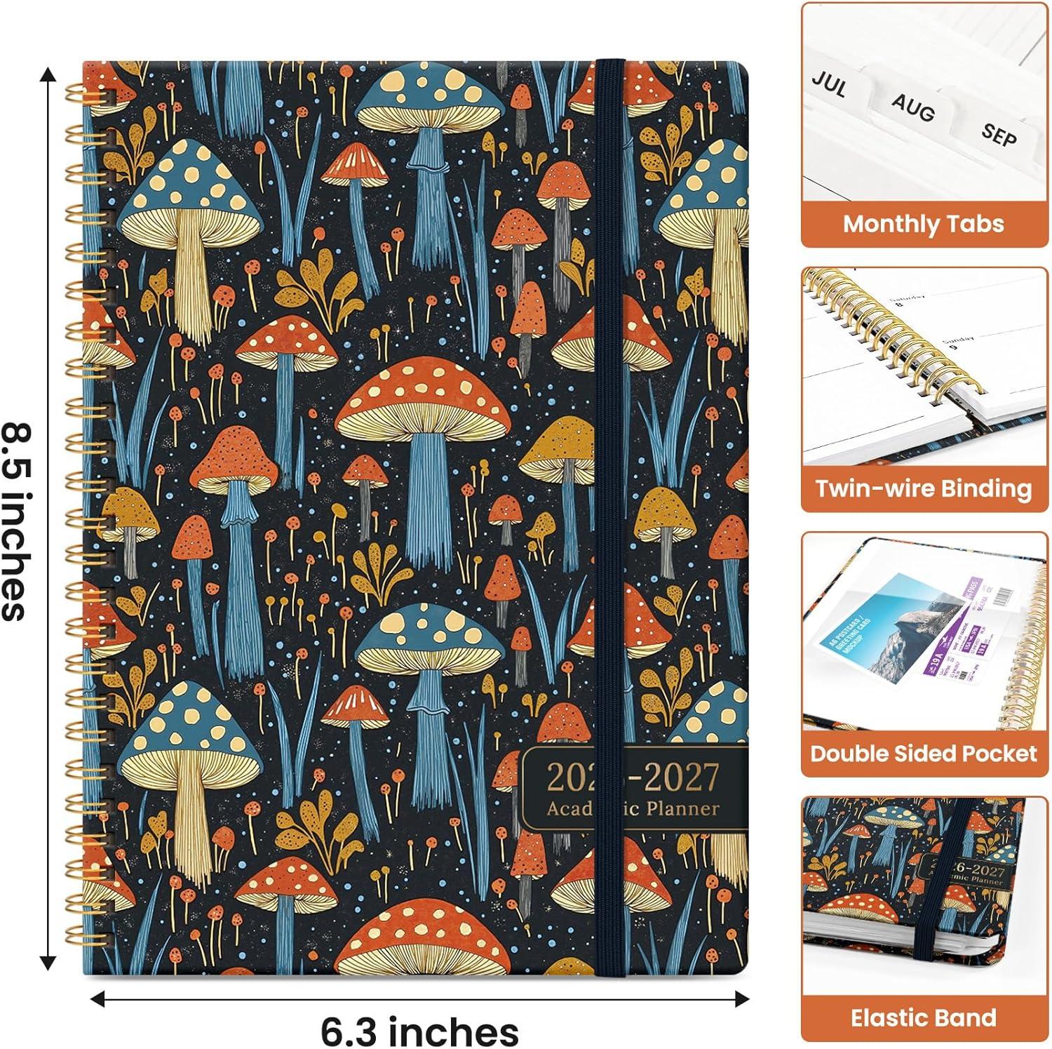 image:imagePlanner 20262027 Academic Year Monthly and Weekly Calendar Planner Jul 2026 Jun 2027 Hardcover Teacher Student Planning Agenda book with Tabs Perfect for School Office Supplies 63 x 85 Wild RoseREnchanted Mushrooms