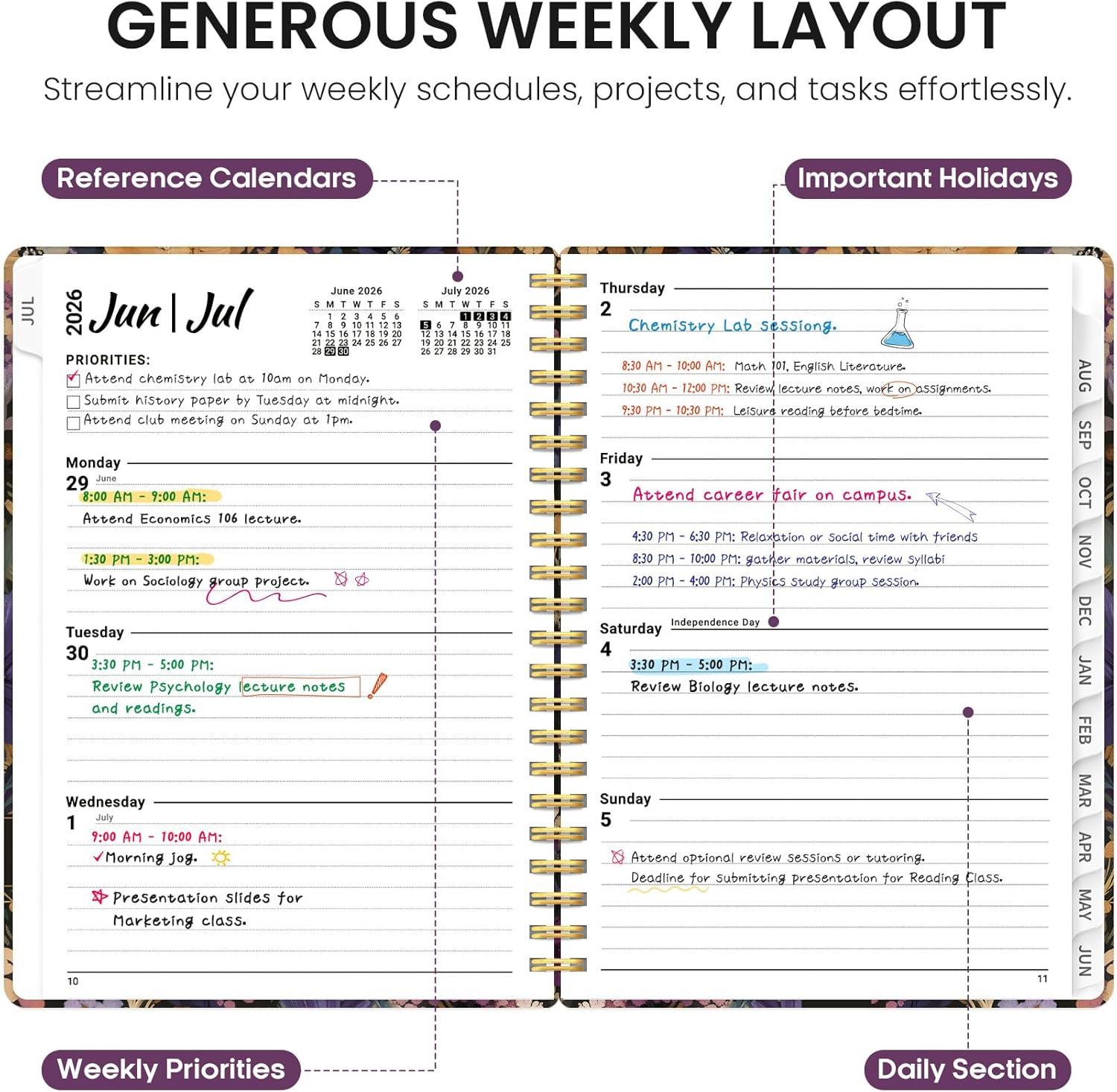image:imagePlanner 20262027 Academic Year Monthly and Weekly Calendar Planner Jul 2026 Jun 2027 Hardcover Teacher Student Planning Agenda book with Tabs Perfect for School Office Supplies 63 x 85 Wild RoseEMidnight Bloom