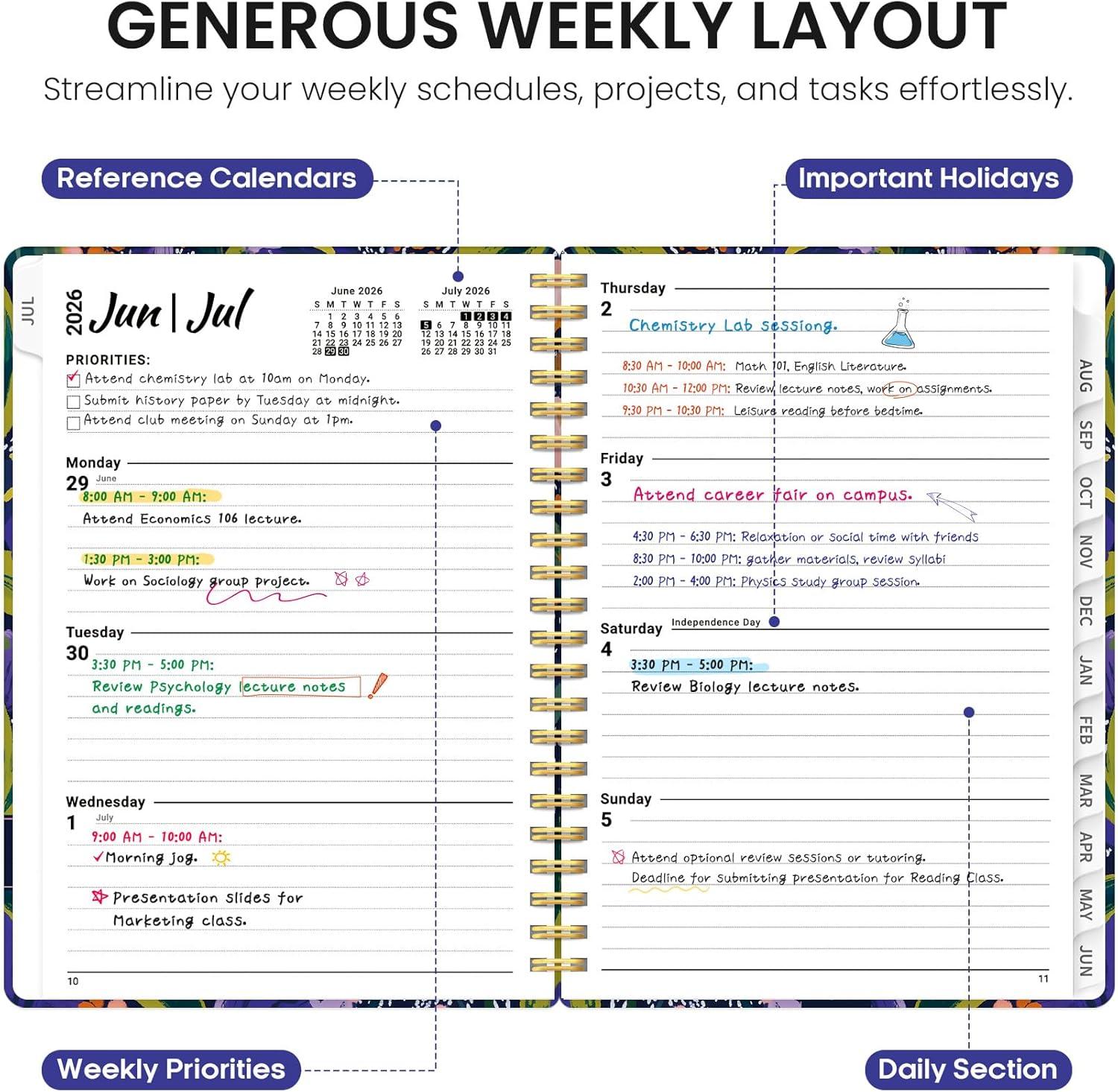 image:imagePlanner 20262027 Academic Year Monthly and Weekly Calendar Planner Jul 2026 Jun 2027 Hardcover Teacher Student Planning Agenda book with Tabs Perfect for School Office Supplies 63 x 85 Wild RoseVPetal Rhythm