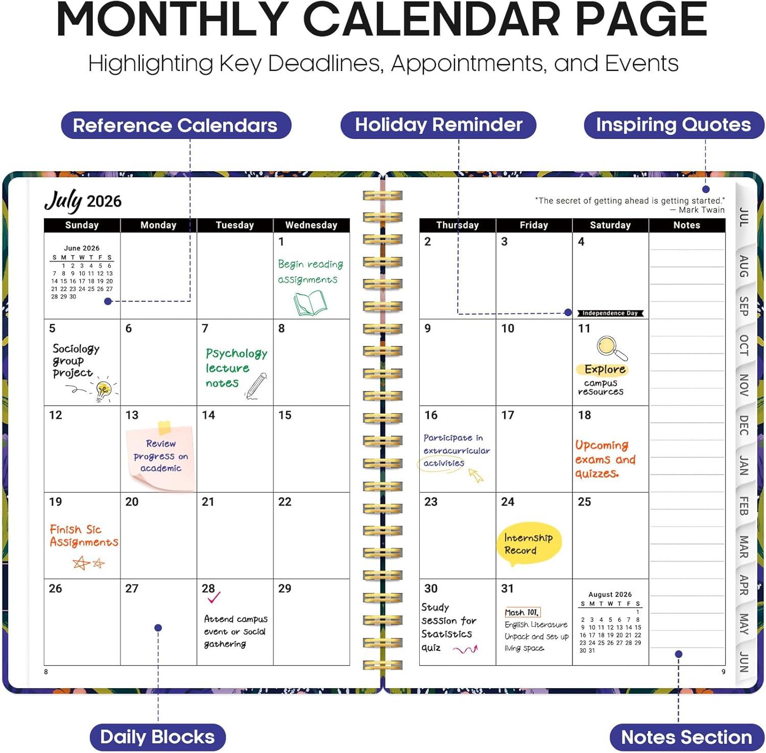 image:imagePlanner 20262027 Academic Year Monthly and Weekly Calendar Planner Jul 2026 Jun 2027 Hardcover Teacher Student Planning Agenda book with Tabs Perfect for School Office Supplies 63 x 85 Wild RoseVPetal Rhythm