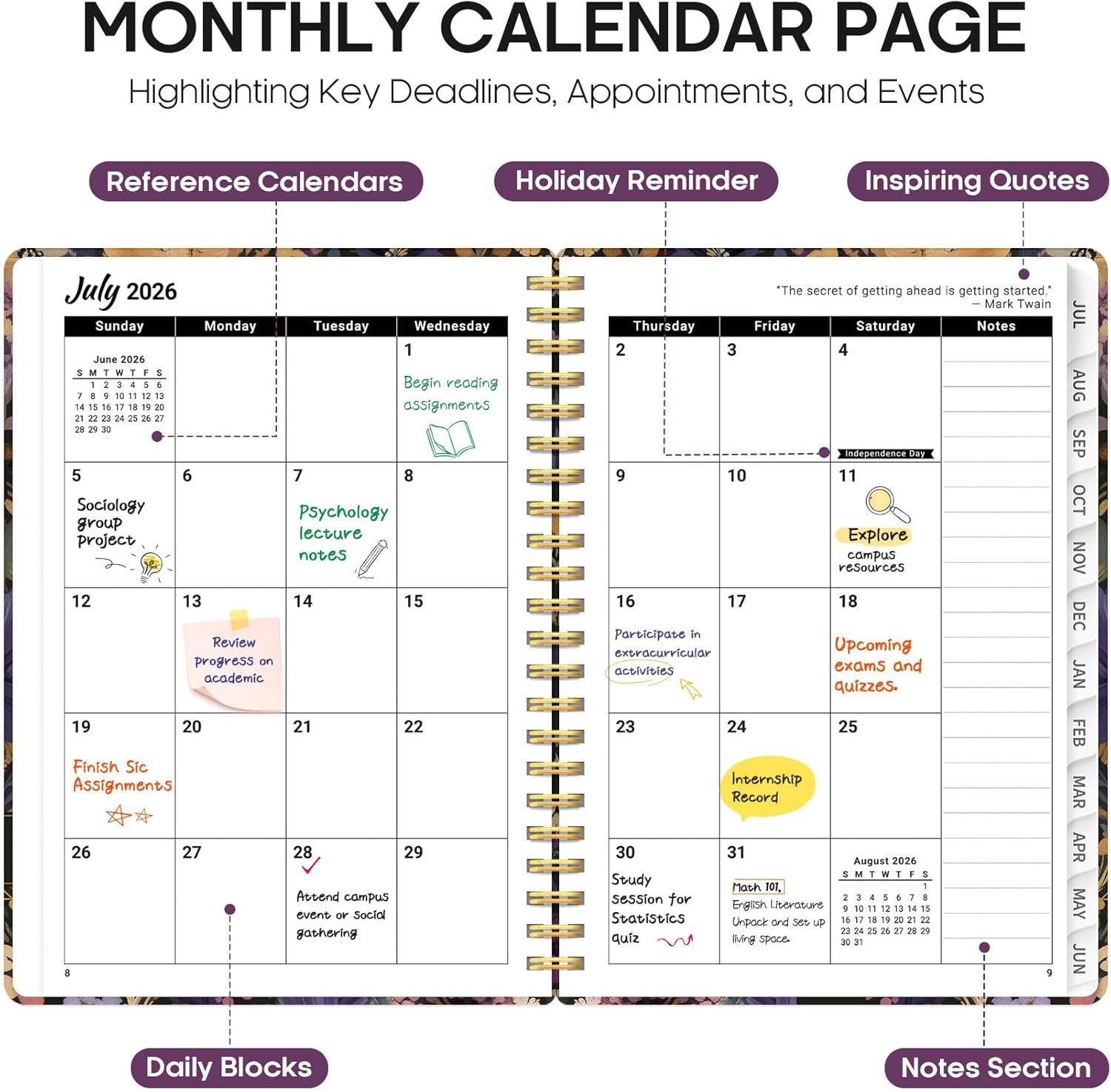 image:imagePlanner 20262027 Academic Year Monthly and Weekly Calendar Planner Jul 2026 Jun 2027 Hardcover Teacher Student Planning Agenda book with Tabs Perfect for School Office Supplies 63 x 85 Wild RoseEMidnight Bloom