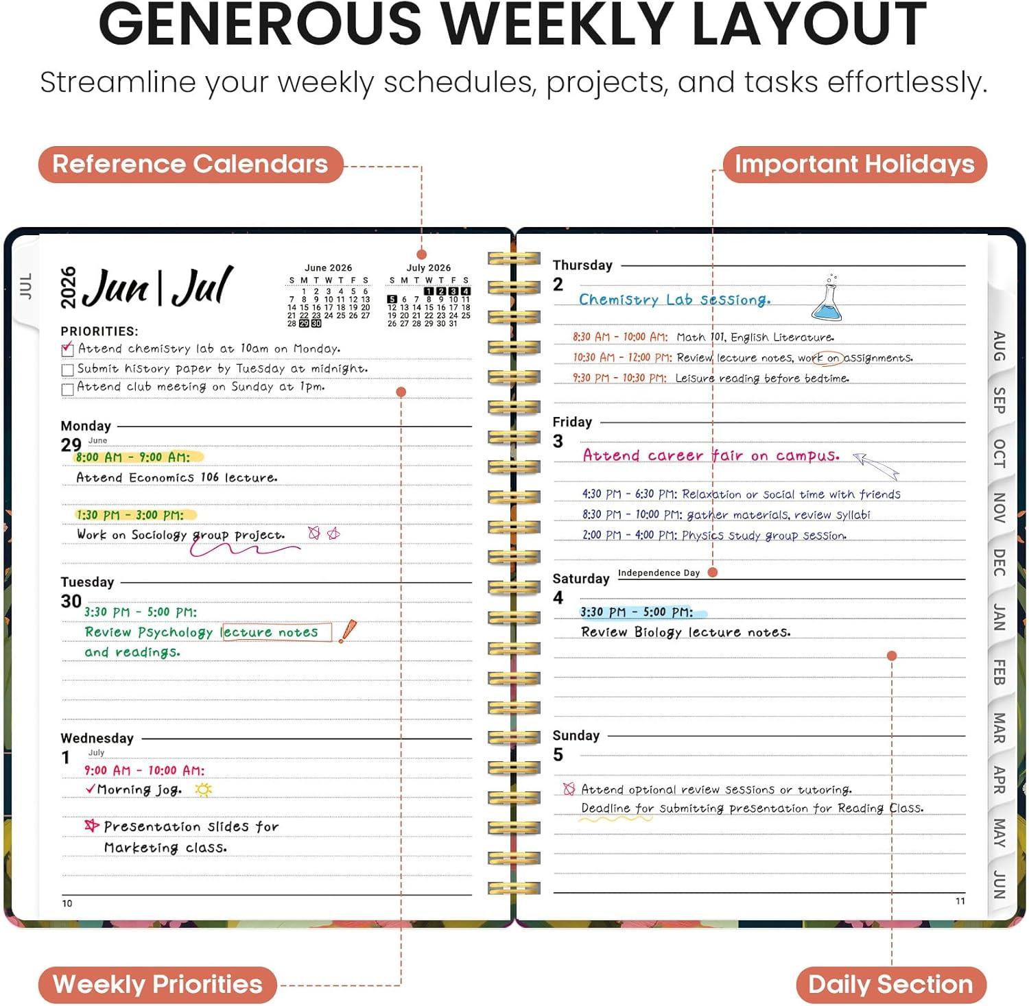 image:imagePlanner 20262027 Academic Year Monthly and Weekly Calendar Planner Jul 2026 Jun 2027 Hardcover Teacher Student Planning Agenda book with Tabs Perfect for School Office Supplies 63 x 85 Wild RoseIHumming Glow