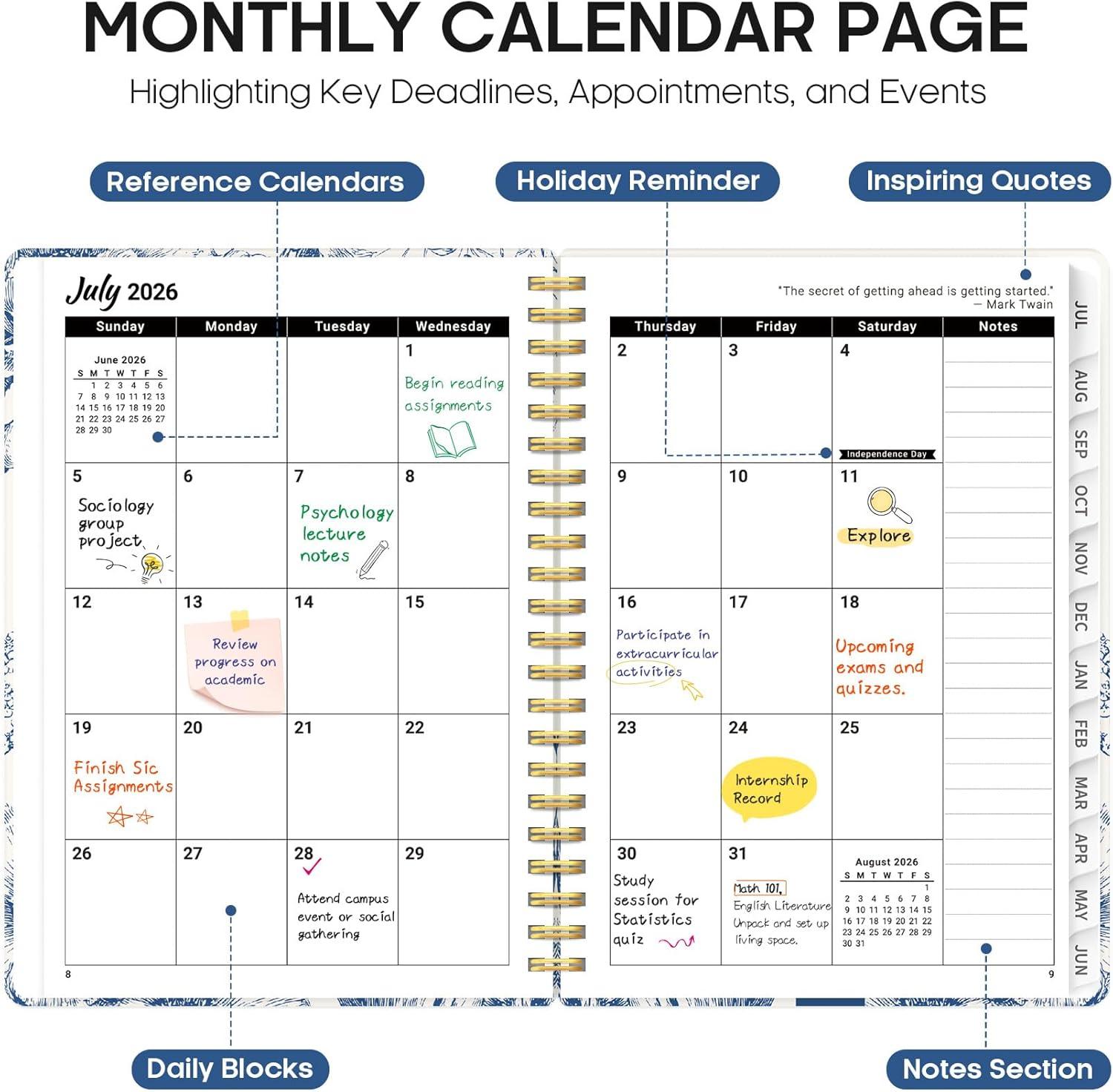 image:imagePlanner 20262027 Academic Year Monthly and Weekly Calendar Planner Jul 2026 Jun 2027 Hardcover Teacher Student Planning Agenda book with Tabs Perfect for School Office Supplies 63 x 85 Wild RoseBBlue Elegance