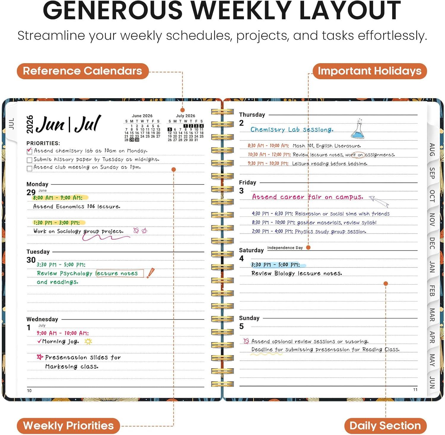 image:imagePlanner 20262027 Academic Year Monthly and Weekly Calendar Planner Jul 2026 Jun 2027 Hardcover Teacher Student Planning Agenda book with Tabs Perfect for School Office Supplies 63 x 85 Wild RoseREnchanted Mushrooms