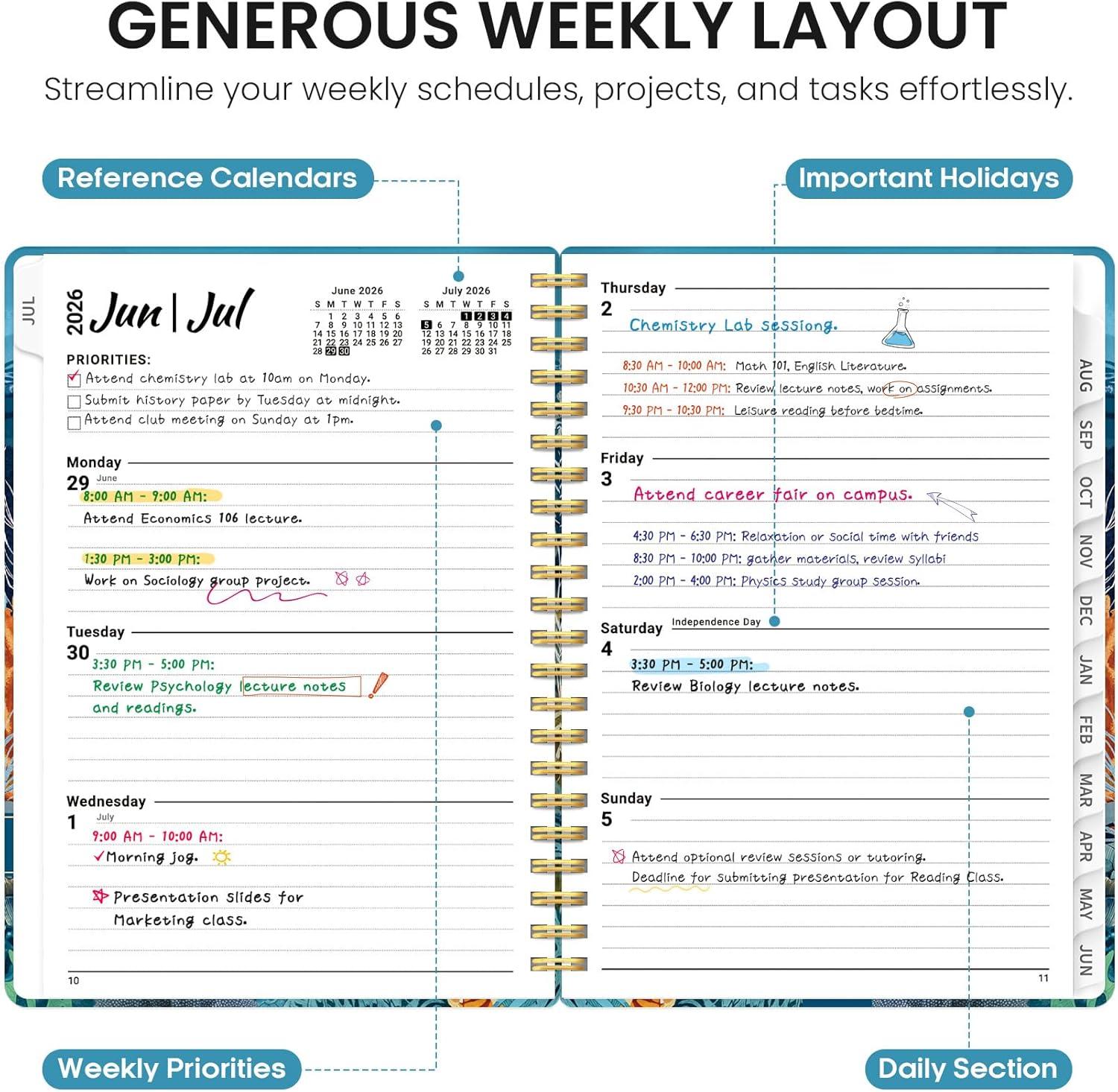 image:imagePlanner 20262027 Academic Year Monthly and Weekly Calendar Planner Jul 2026 Jun 2027 Hardcover Teacher Student Planning Agenda book with Tabs Perfect for School Office Supplies 63 x 85 Wild RoseYDeep Bearings