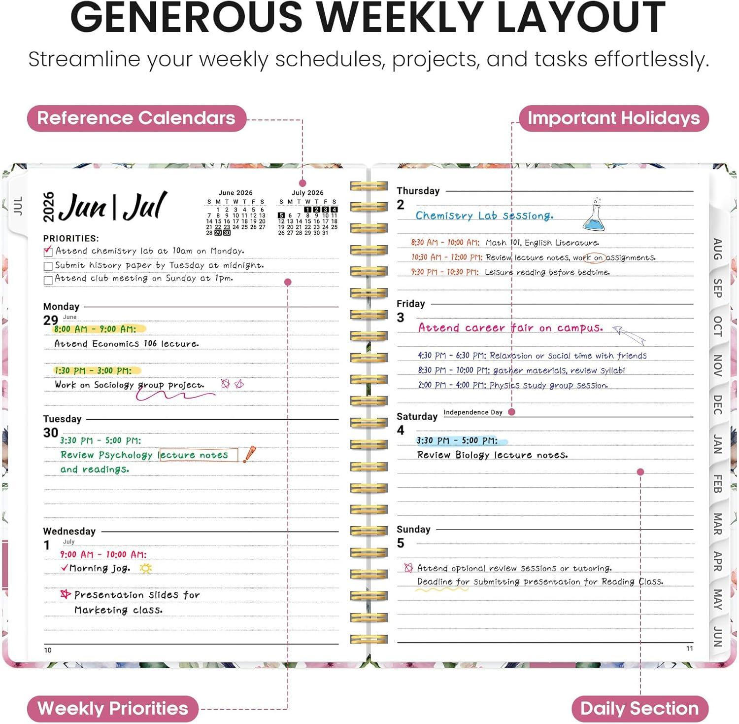 image:imagePlanner 20262027 Academic Year Monthly and Weekly Calendar Planner Jul 2026 Jun 2027 Hardcover Teacher Student Planning Agenda book with Tabs Perfect for School Office Supplies 63 x 85 Wild RoseLSongbird Bloom