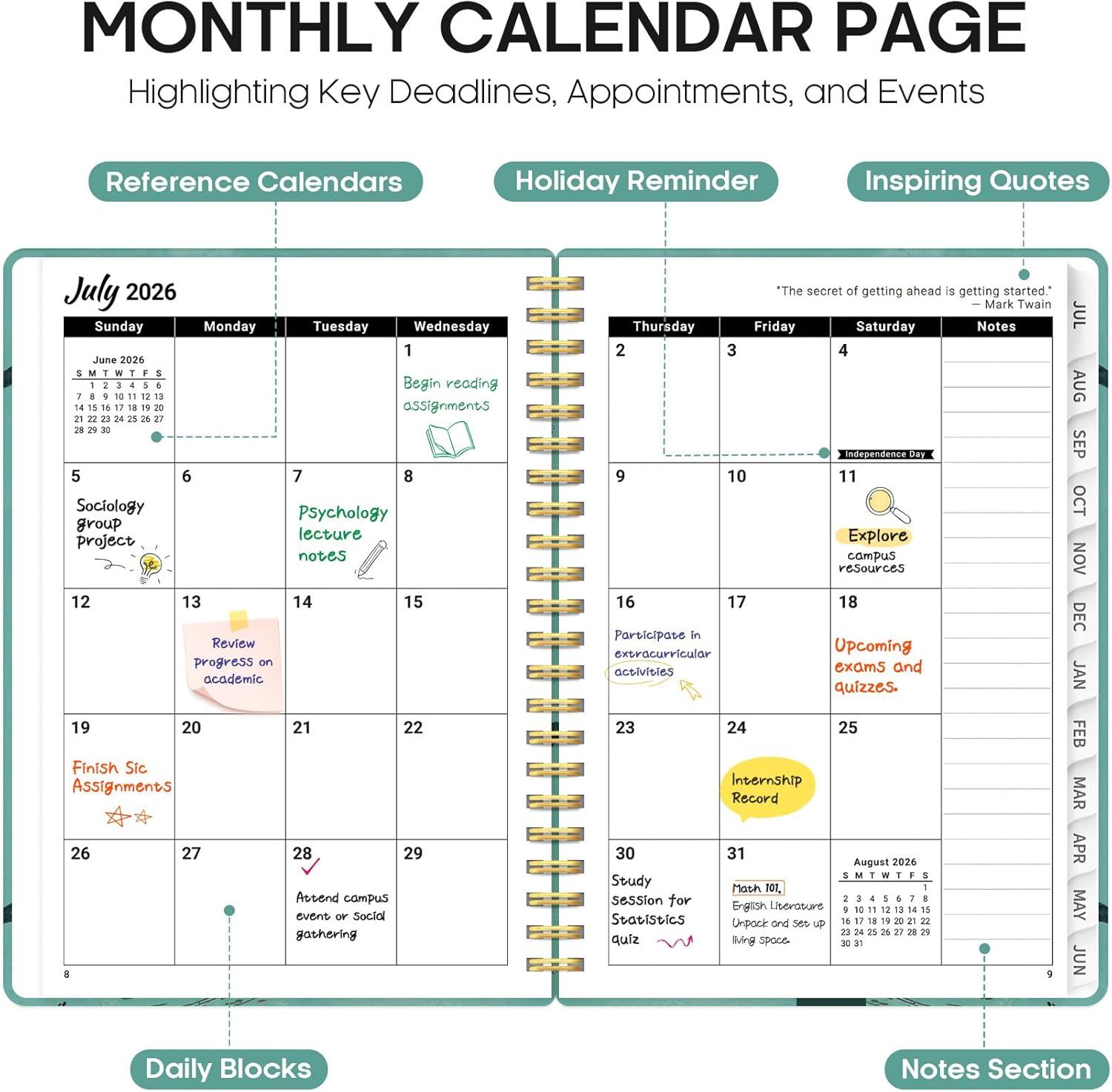 image:imagePlanner 20262027 Academic Year Monthly and Weekly Calendar Planner Jul 2026 Jun 2027 Hardcover Teacher Student Planning Agenda book with Tabs Perfect for School Office Supplies 63 x 85 Wild RoseGDepths Whale