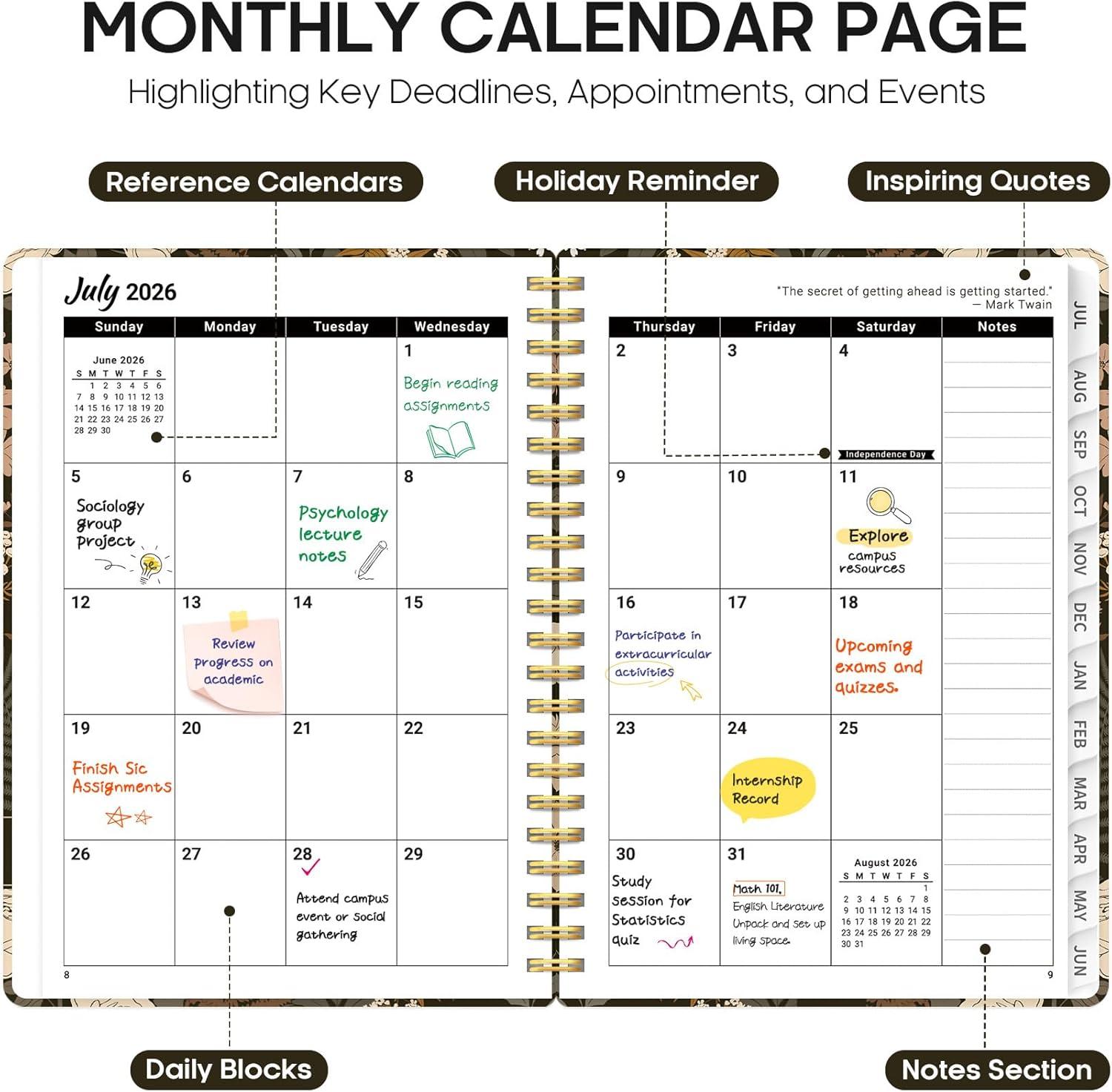 image:imagePlanner 20262027 Academic Year Monthly and Weekly Calendar Planner Jul 2026 Jun 2027 Hardcover Teacher Student Planning Agenda book with Tabs Perfect for School Office Supplies 63 x 85 Wild RoseCWild Rose