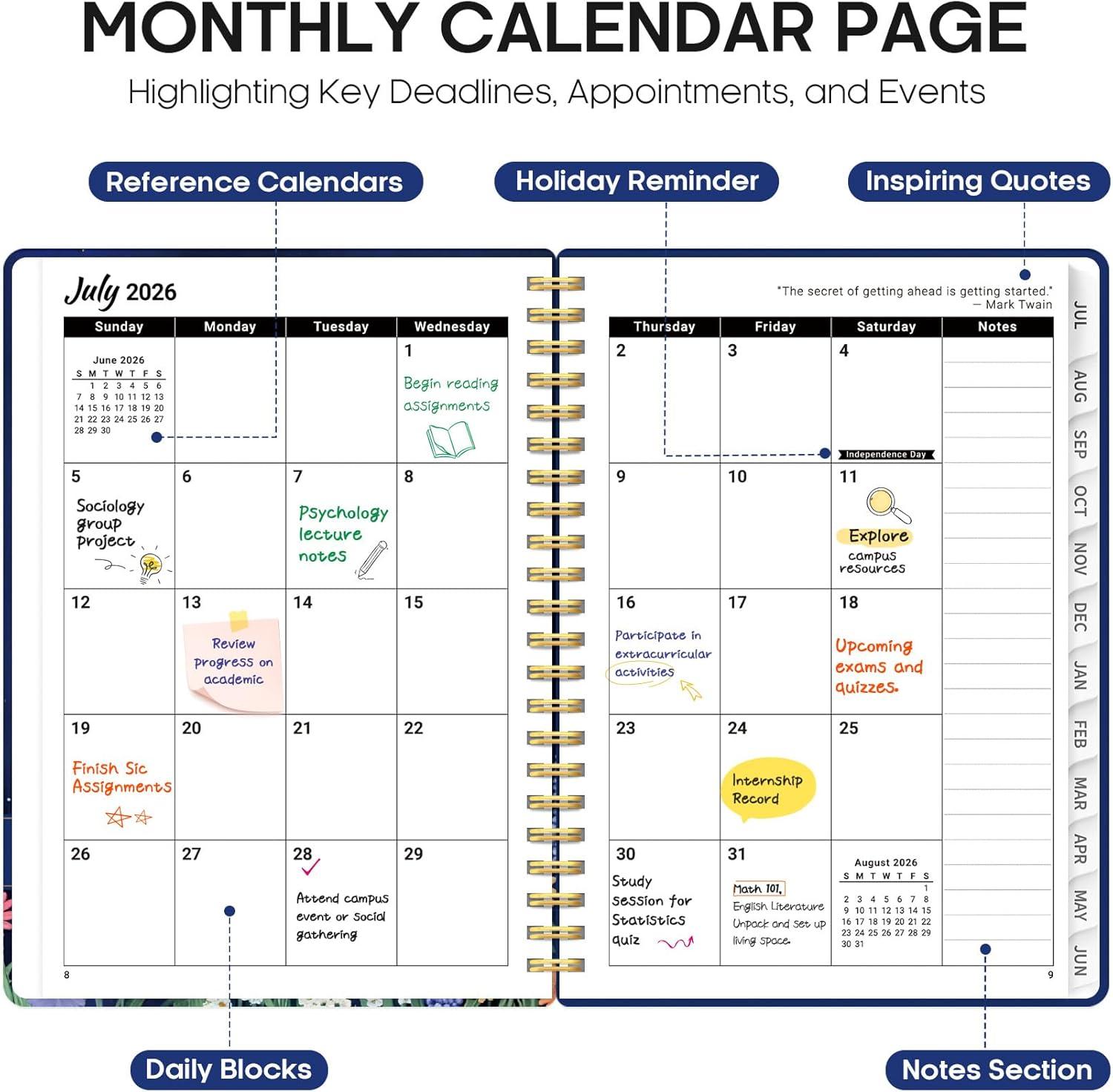 image:imagePlanner 20262027 Academic Year Monthly and Weekly Calendar Planner Jul 2026 Jun 2027 Hardcover Teacher Student Planning Agenda book with Tabs Perfect for School Office Supplies 63 x 85 Wild RoseOLavish Bloom