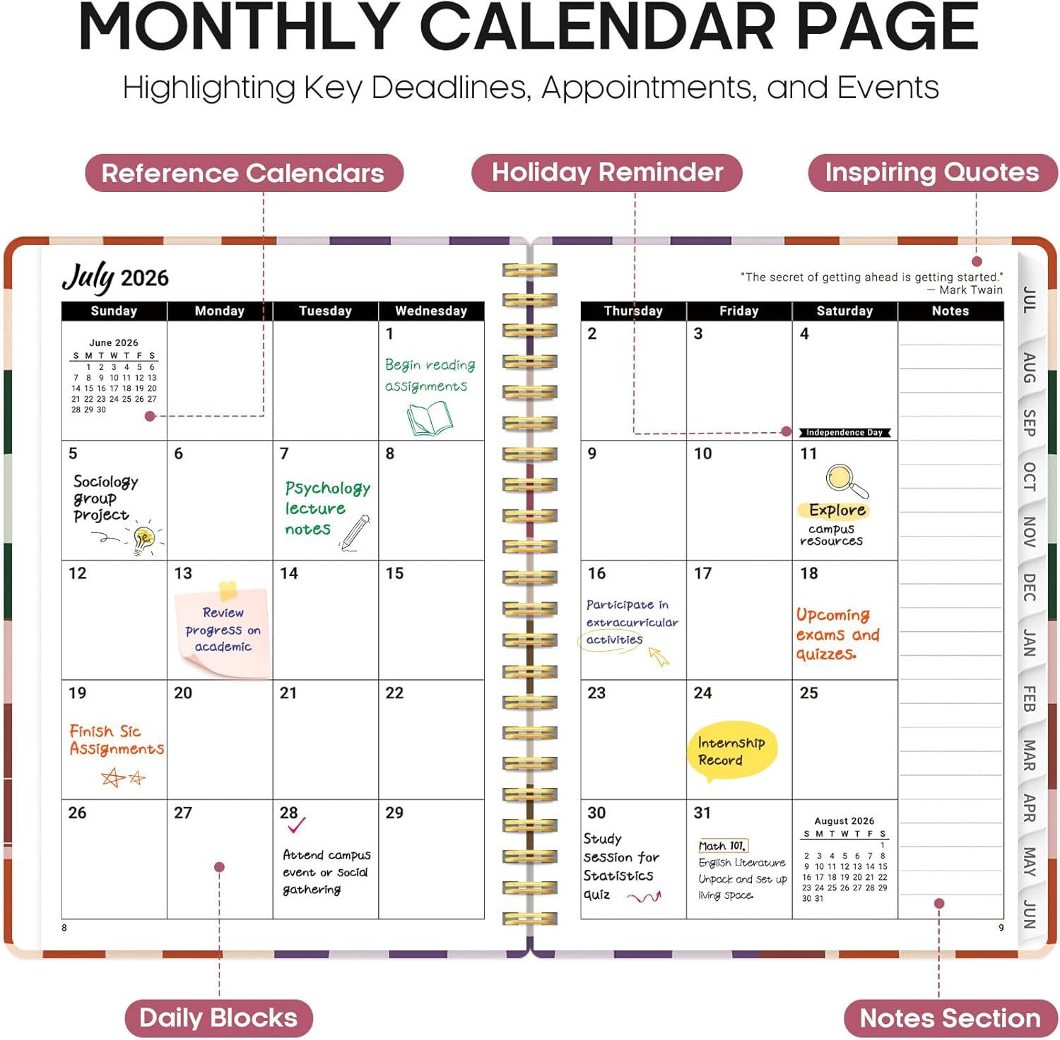 image:imagePlanner 20262027 Academic Year Monthly and Weekly Calendar Planner Jul 2026 Jun 2027 Hardcover Teacher Student Planning Agenda book with Tabs Perfect for School Office Supplies 63 x 85 Wild RoseFCheckered