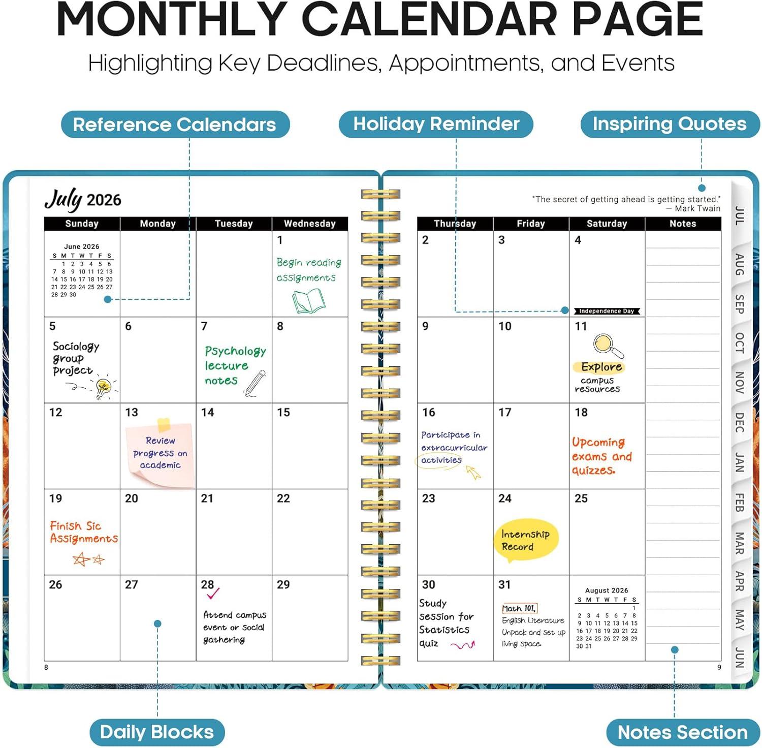 image:imagePlanner 20262027 Academic Year Monthly and Weekly Calendar Planner Jul 2026 Jun 2027 Hardcover Teacher Student Planning Agenda book with Tabs Perfect for School Office Supplies 63 x 85 Wild RoseYDeep Bearings