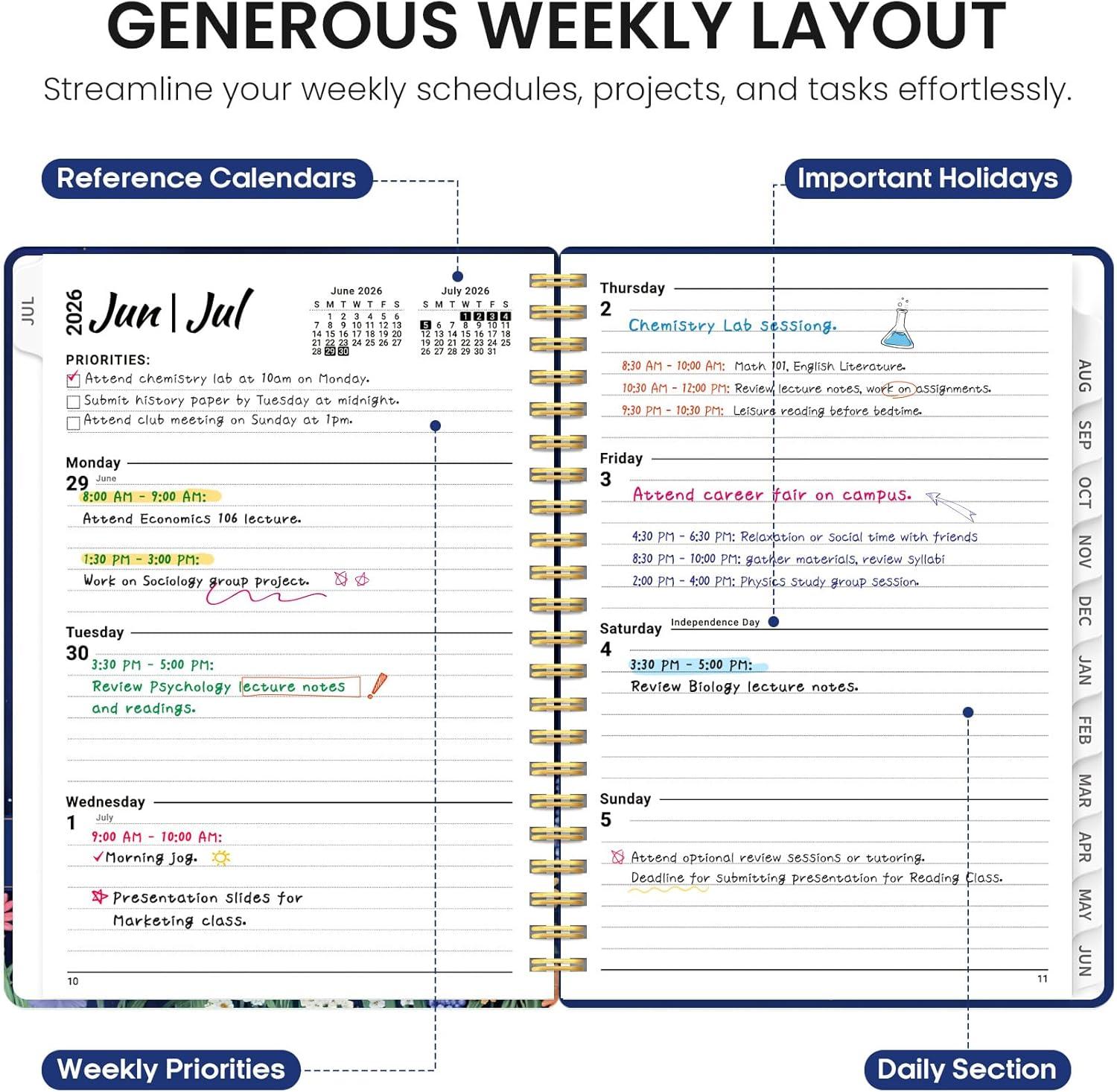 image:imagePlanner 20262027 Academic Year Monthly and Weekly Calendar Planner Jul 2026 Jun 2027 Hardcover Teacher Student Planning Agenda book with Tabs Perfect for School Office Supplies 63 x 85 Wild RoseOLavish Bloom
