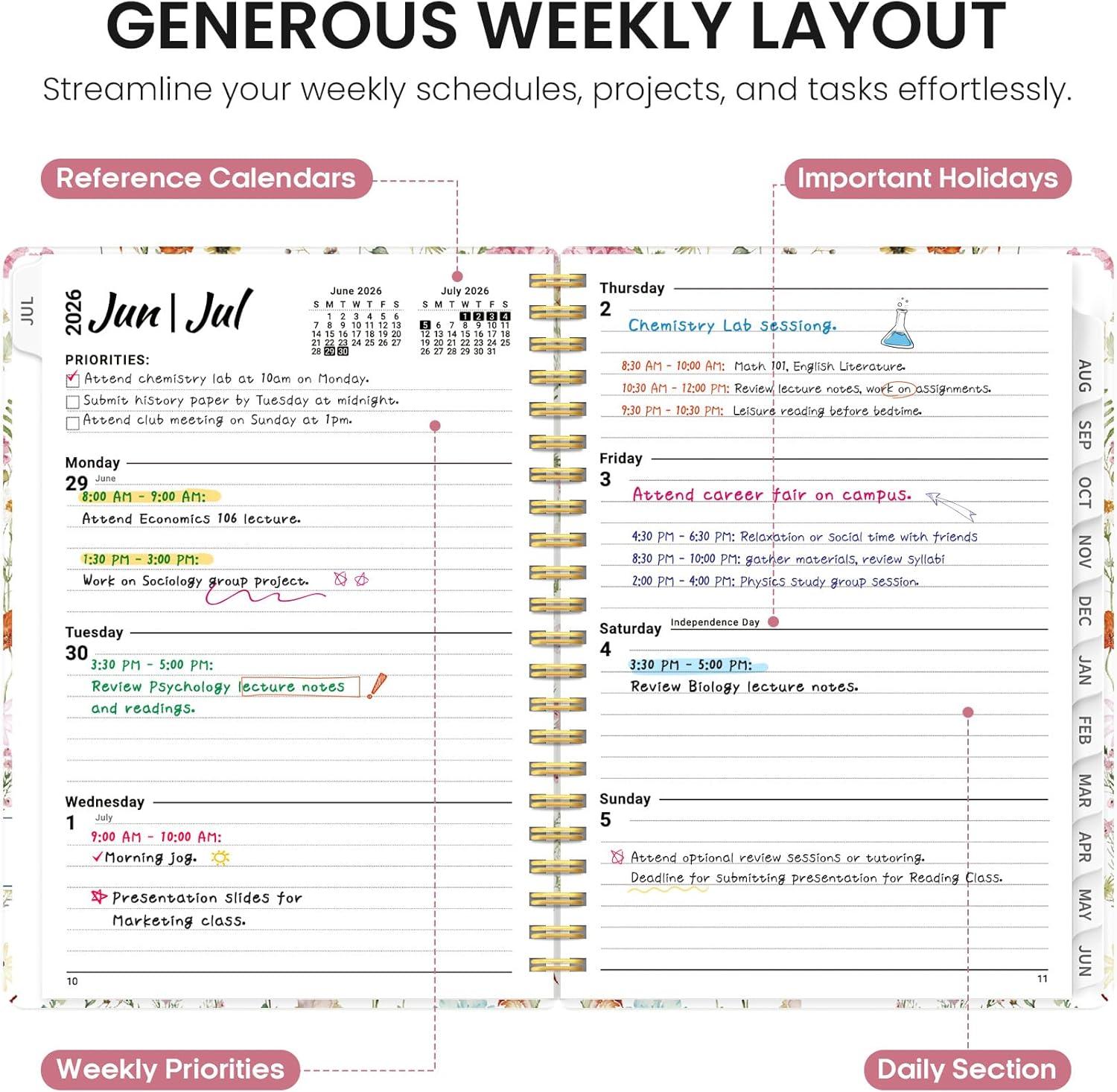 image:imagePlanner 20262027 Academic Year Monthly and Weekly Calendar Planner Jul 2026 Jun 2027 Hardcover Teacher Student Planning Agenda book with Tabs Perfect for School Office Supplies 63 x 85 Wild RoseAWildflowers