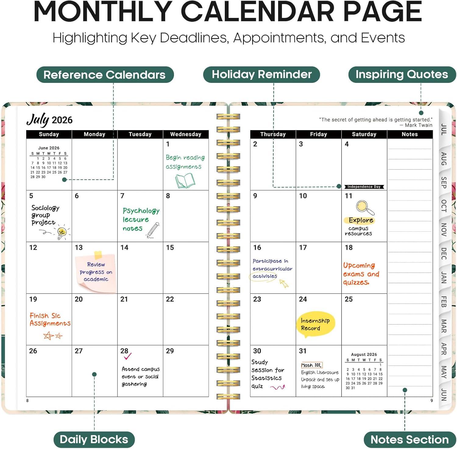 image:imagePlanner 20262027 Academic Year Monthly and Weekly Calendar Planner Jul 2026 Jun 2027 Hardcover Teacher Student Planning Agenda book with Tabs Perfect for School Office Supplies 63 x 85 Wild RoseUBlush Peony