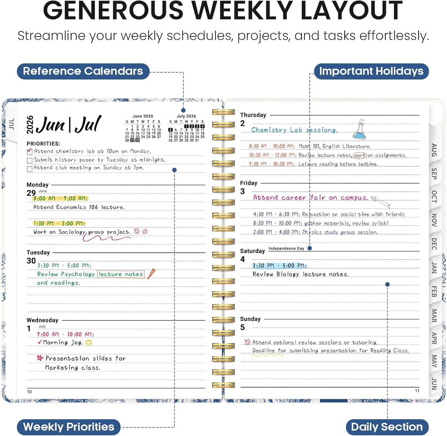 image:imagePlanner 20262027 Academic Year Monthly and Weekly Calendar Planner Jul 2026 Jun 2027 Hardcover Teacher Student Planning Agenda book with Tabs Perfect for School Office Supplies 63 x 85 Wild RoseBBlue Elegance