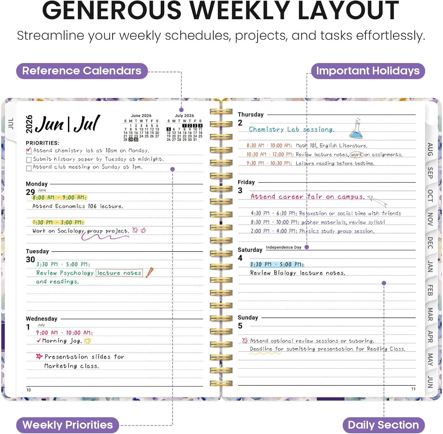 image:imagePlanner 20262027 Academic Year Monthly and Weekly Calendar Planner Jul 2026 Jun 2027 Hardcover Teacher Student Planning Agenda book with Tabs Perfect for School Office Supplies 63 x 85 Wild RoseBPurple Blocks