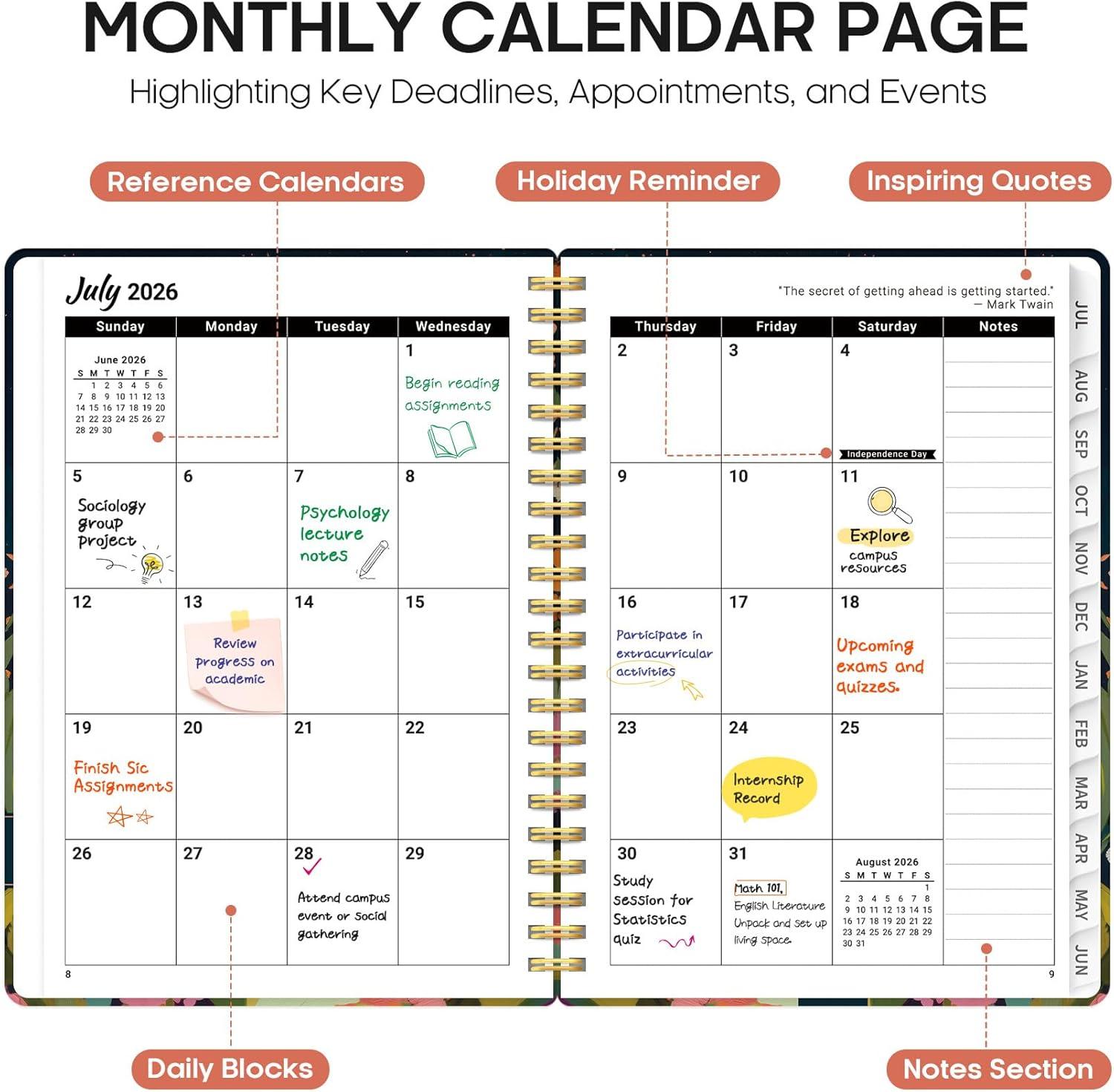 image:imagePlanner 20262027 Academic Year Monthly and Weekly Calendar Planner Jul 2026 Jun 2027 Hardcover Teacher Student Planning Agenda book with Tabs Perfect for School Office Supplies 63 x 85 Wild RoseIHumming Glow