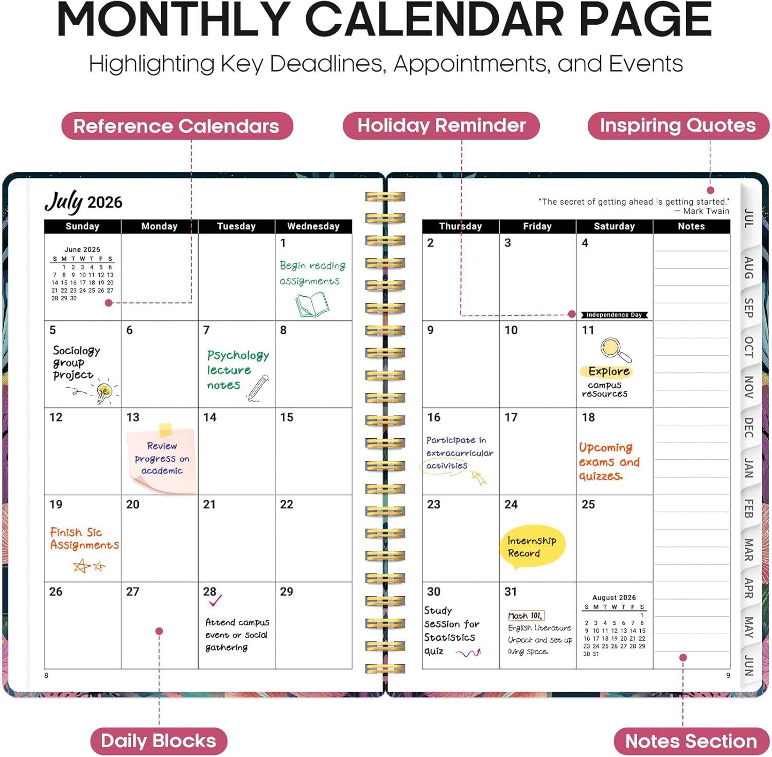 image:imagePlanner 20262027 Academic Year Monthly and Weekly Calendar Planner Jul 2026 Jun 2027 Hardcover Teacher Student Planning Agenda book with Tabs Perfect for School Office Supplies 63 x 85 Wild RoseKJellyfish