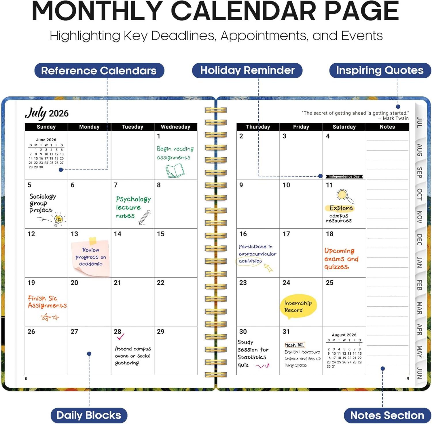image:imagePlanner 20262027 Academic Year Monthly and Weekly Calendar Planner Jul 2026 Jun 2027 Hardcover Teacher Student Planning Agenda book with Tabs Perfect for School Office Supplies 63 x 85 Wild RoseZMidnight Stroll