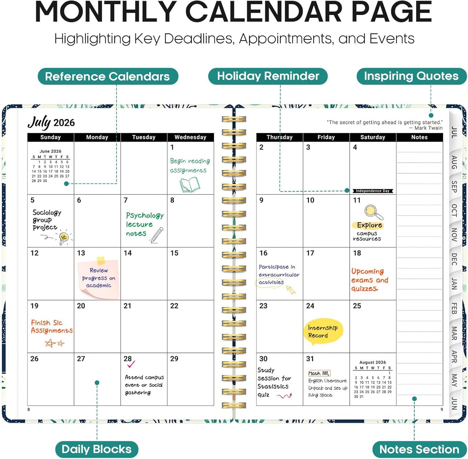 image:imagePlanner 20262027 Academic Year Monthly and Weekly Calendar Planner Jul 2026 Jun 2027 Hardcover Teacher Student Planning Agenda book with Tabs Perfect for School Office Supplies 63 x 85 Wild RoseZOctopus Drift