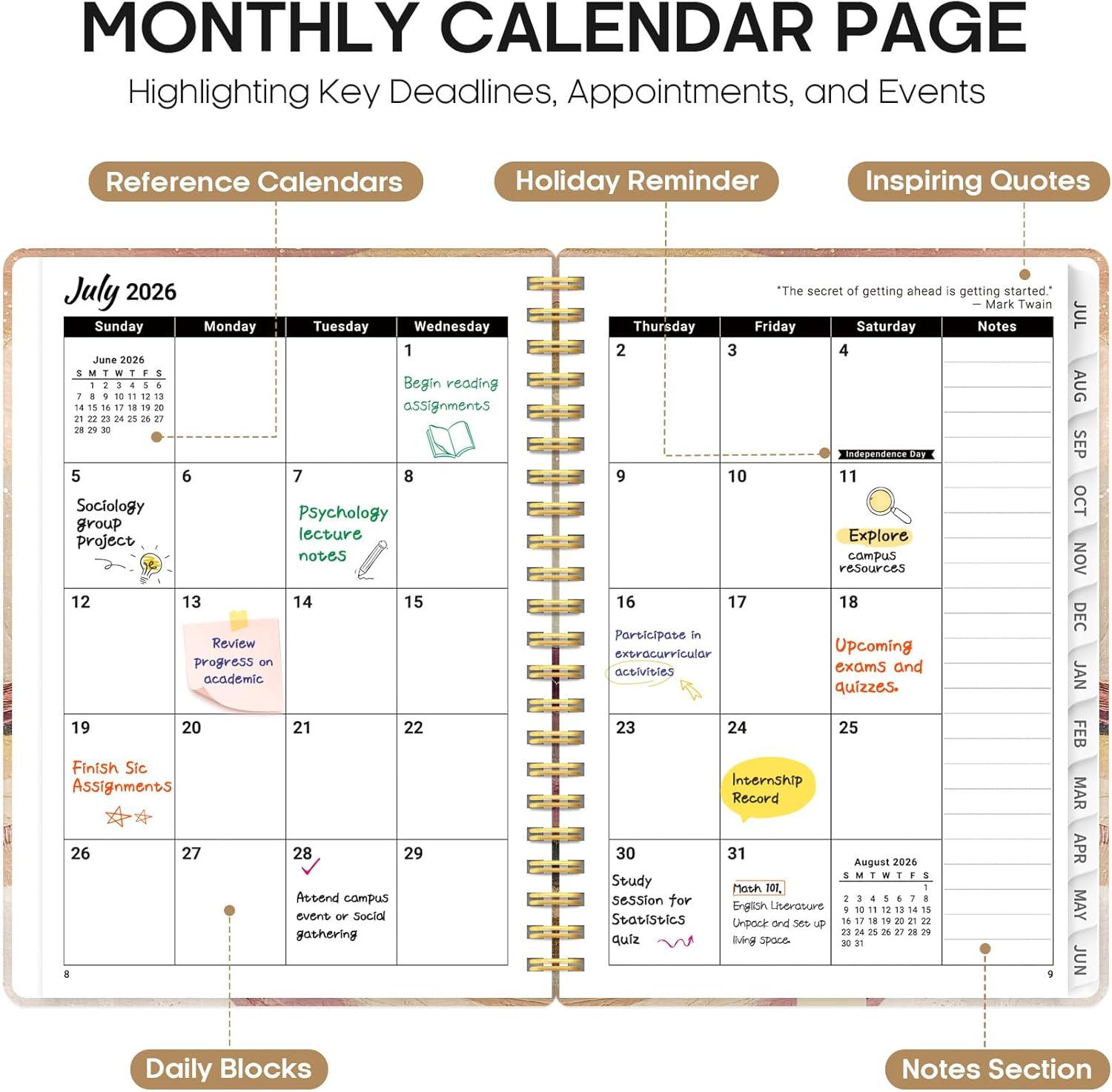 image:imagePlanner 20262027 Academic Year Monthly and Weekly Calendar Planner Jul 2026 Jun 2027 Hardcover Teacher Student Planning Agenda book with Tabs Perfect for School Office Supplies 63 x 85 Wild RoseHLandscape