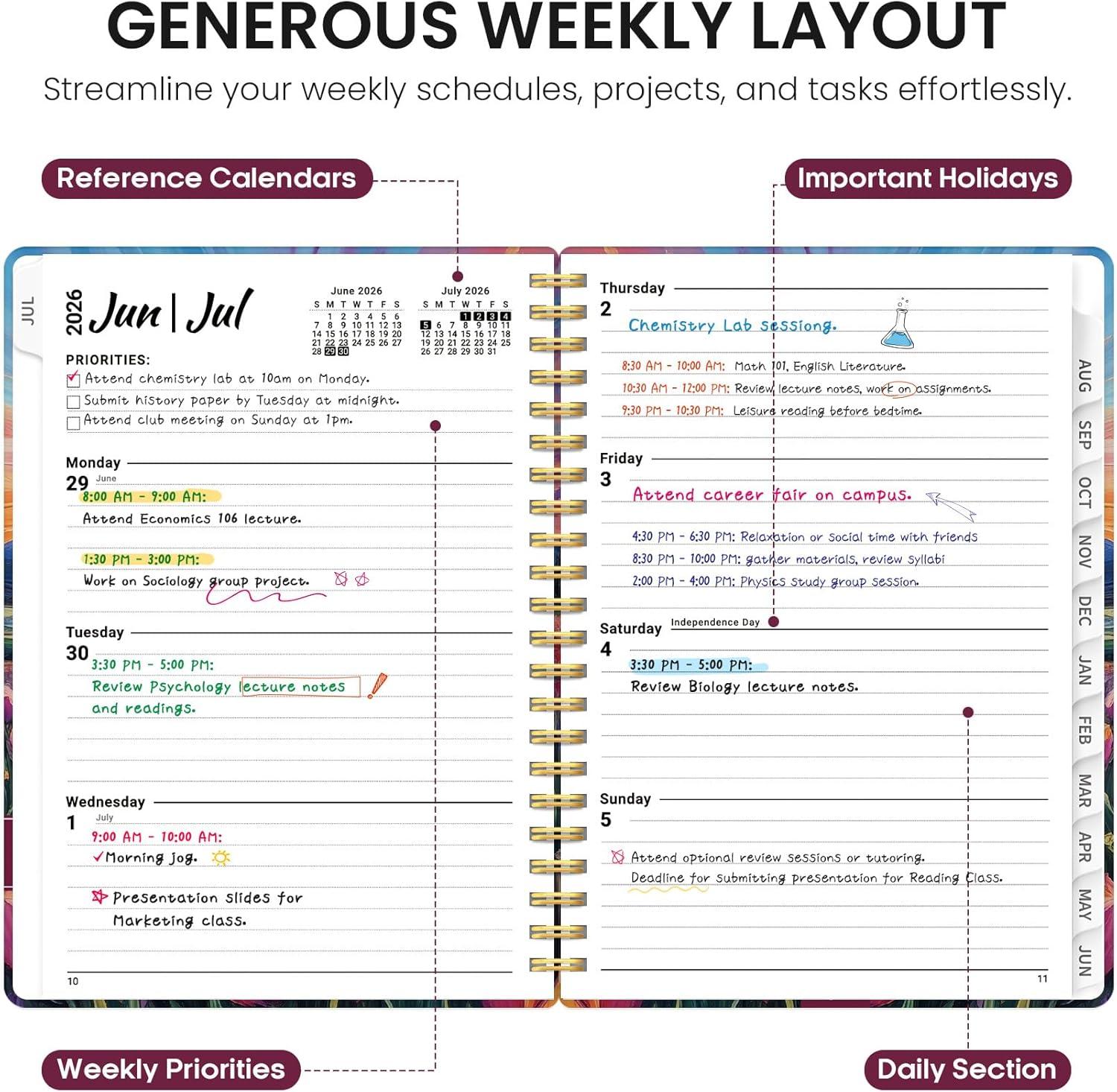 image:imagePlanner 20262027 Academic Year Monthly and Weekly Calendar Planner Jul 2026 Jun 2027 Hardcover Teacher Student Planning Agenda book with Tabs Perfect for School Office Supplies 63 x 85 Wild RoseMRadiant Pastures