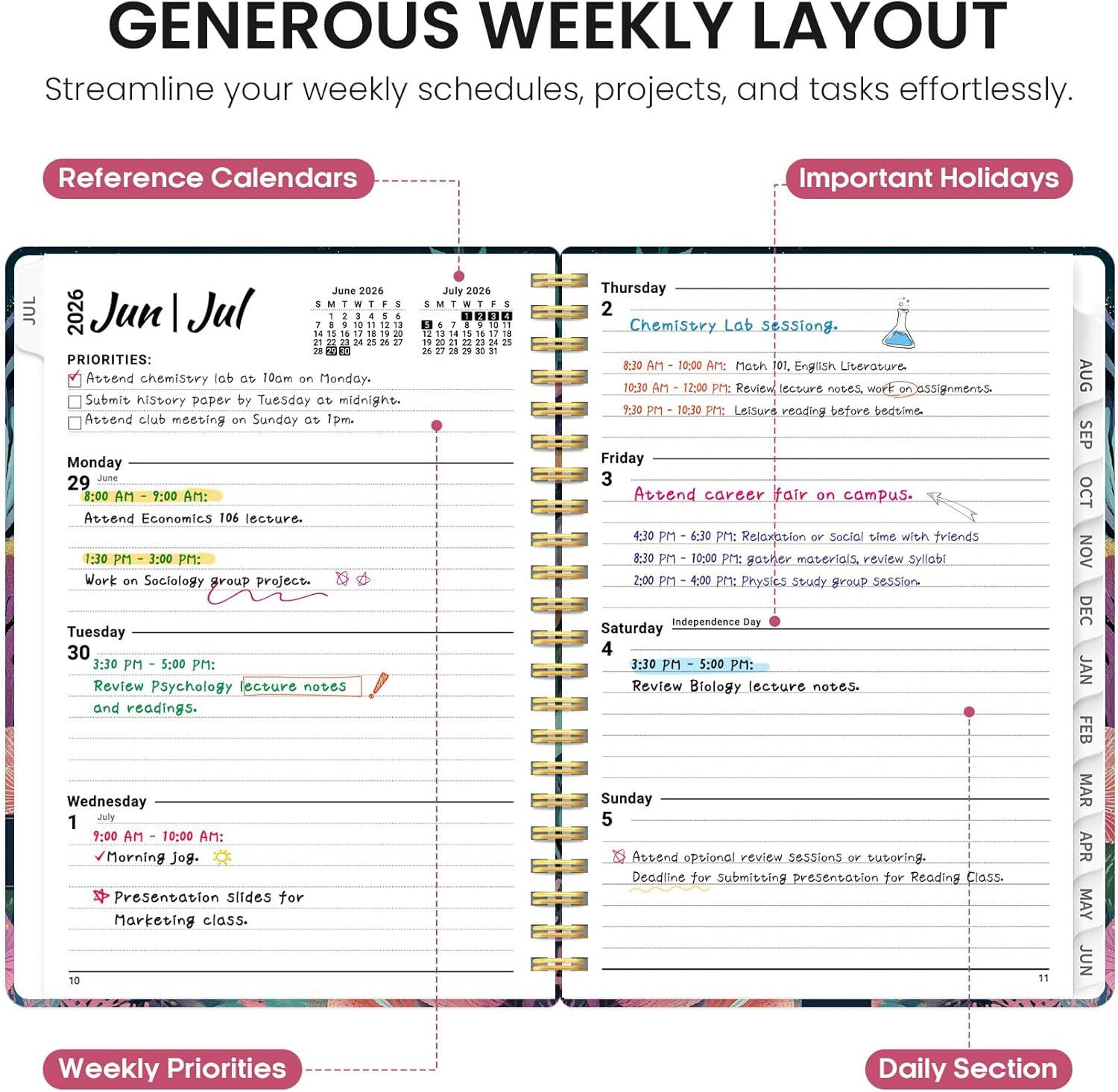 image:imagePlanner 20262027 Academic Year Monthly and Weekly Calendar Planner Jul 2026 Jun 2027 Hardcover Teacher Student Planning Agenda book with Tabs Perfect for School Office Supplies 63 x 85 Wild RoseKJellyfish
