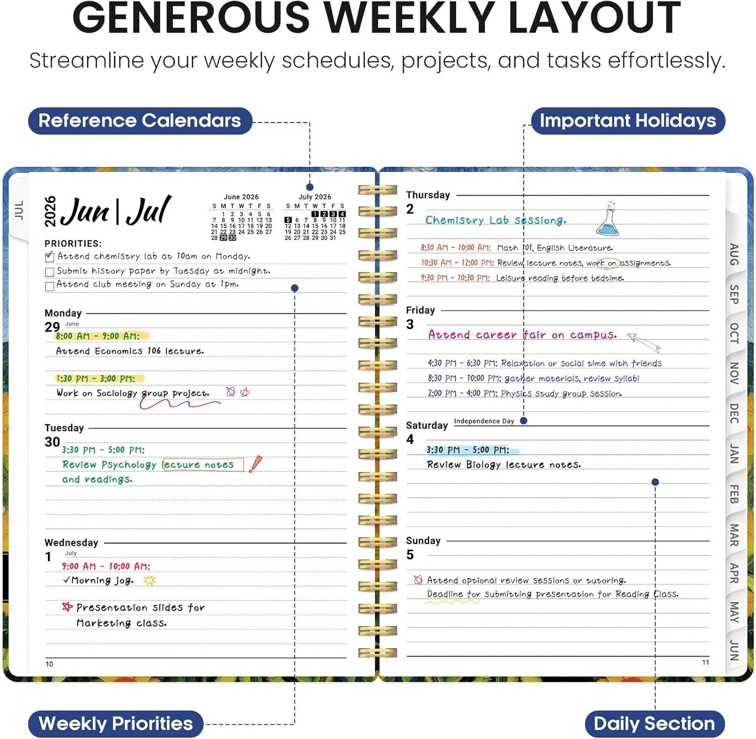 image:imagePlanner 20262027 Academic Year Monthly and Weekly Calendar Planner Jul 2026 Jun 2027 Hardcover Teacher Student Planning Agenda book with Tabs Perfect for School Office Supplies 63 x 85 Wild RoseZMidnight Stroll