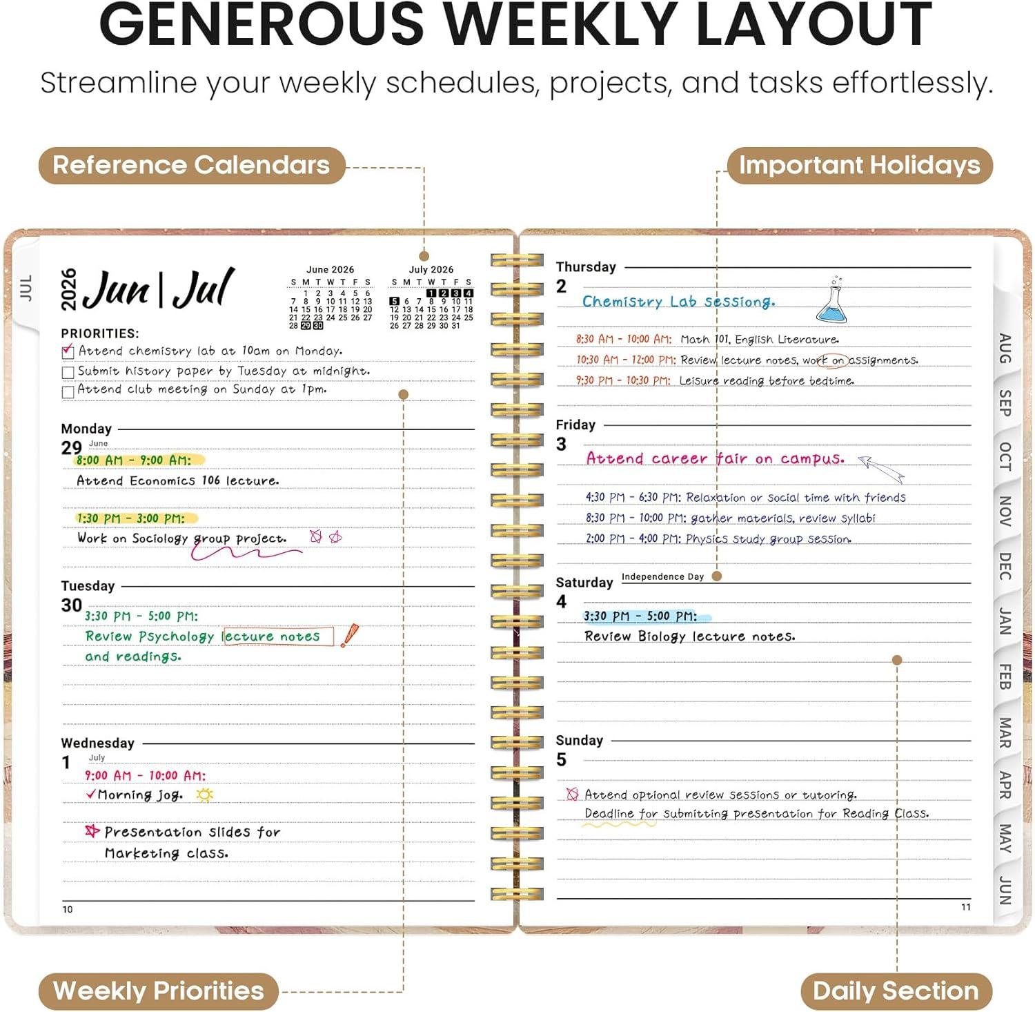 image:imagePlanner 20262027 Academic Year Monthly and Weekly Calendar Planner Jul 2026 Jun 2027 Hardcover Teacher Student Planning Agenda book with Tabs Perfect for School Office Supplies 63 x 85 Wild RoseHLandscape