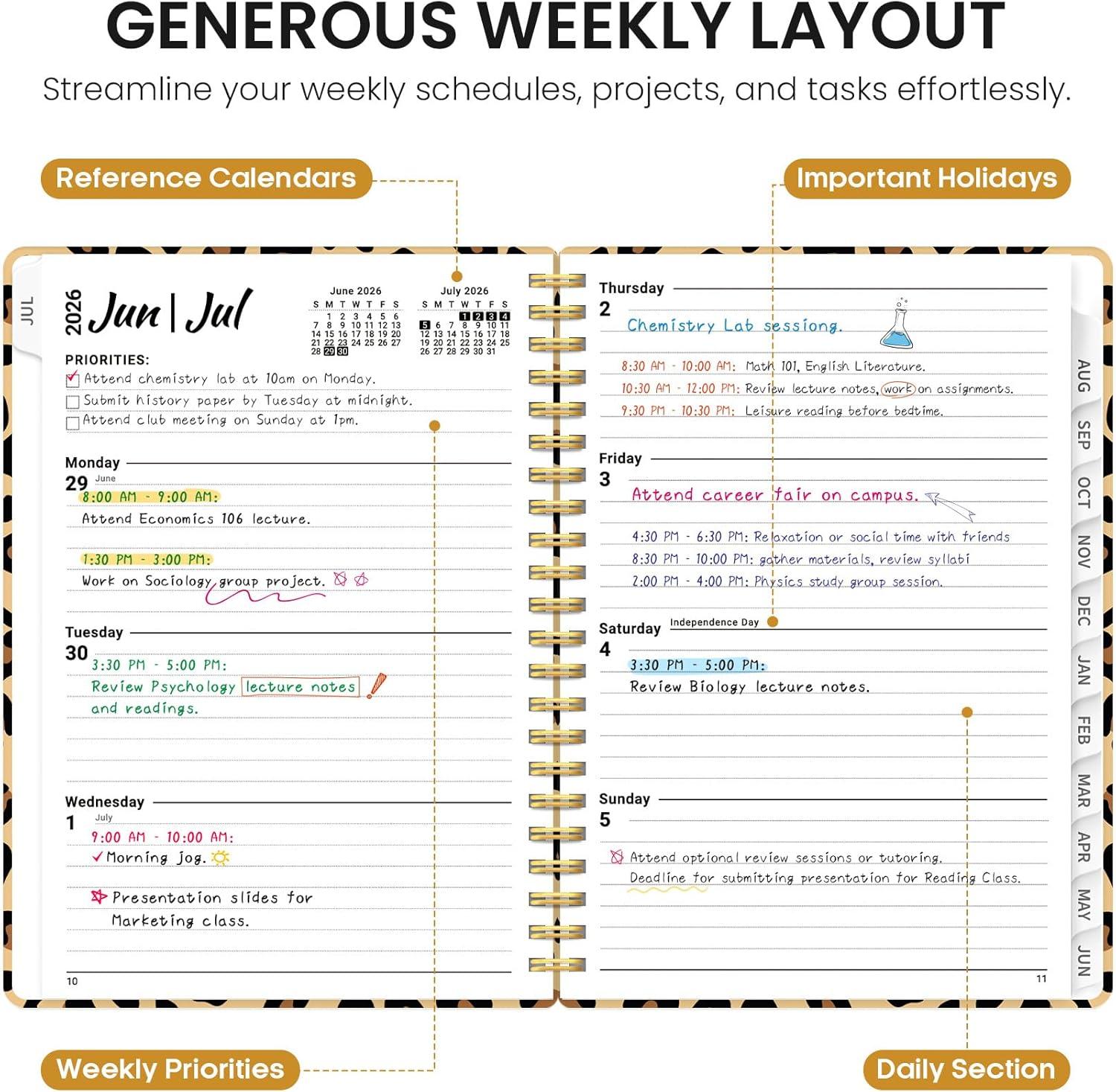 image:imagePlanner 20262027 Academic Year Monthly and Weekly Calendar Planner Jul 2026 Jun 2027 Hardcover Teacher Student Planning Agenda book with Tabs Perfect for School Office Supplies 63 x 85 Wild RoseBLeopard