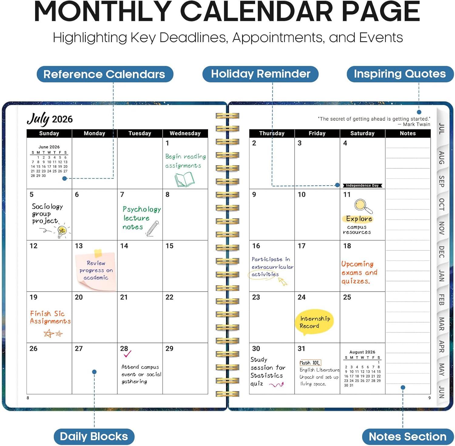 image:imagePlanner 20262027 Academic Year Monthly and Weekly Calendar Planner Jul 2026 Jun 2027 Hardcover Teacher Student Planning Agenda book with Tabs Perfect for School Office Supplies 63 x 85 Wild RoseBStarlit Peaks