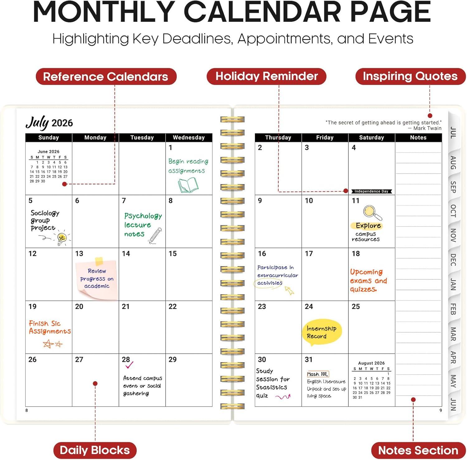 image:imagePlanner 20262027 Academic Year Monthly and Weekly Calendar Planner Jul 2026 Jun 2027 Hardcover Teacher Student Planning Agenda book with Tabs Perfect for School Office Supplies 63 x 85 Wild RoseTFloral Gallery