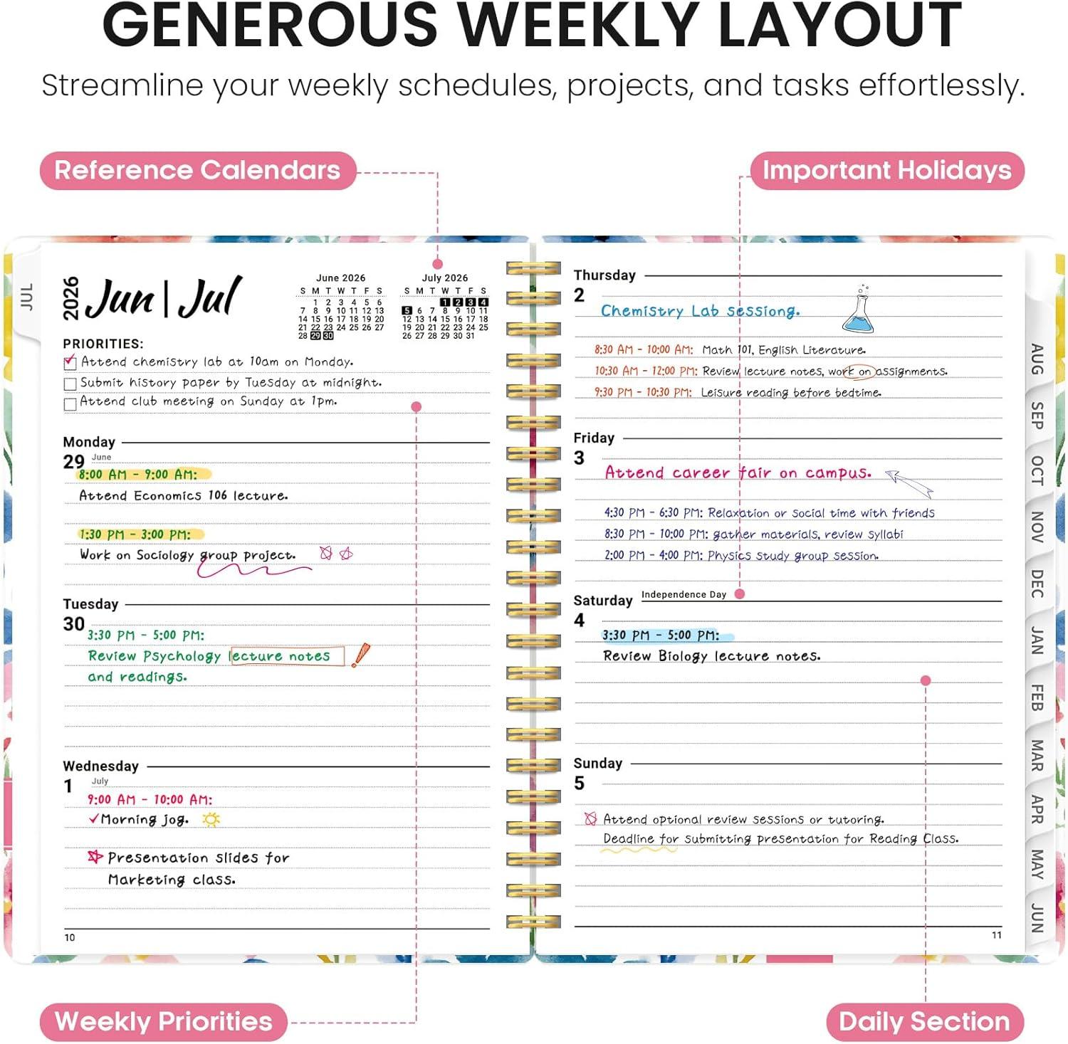 image:imagePlanner 20262027 Academic Year Monthly and Weekly Calendar Planner Jul 2026 Jun 2027 Hardcover Teacher Student Planning Agenda book with Tabs Perfect for School Office Supplies 63 x 85 Wild RoseBBloom Floral