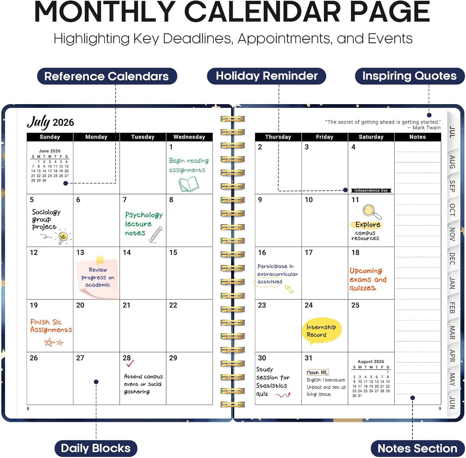 image:imagePlanner 20262027 Academic Year Monthly and Weekly Calendar Planner Jul 2026 Jun 2027 Hardcover Teacher Student Planning Agenda book with Tabs Perfect for School Office Supplies 63 x 85 Wild RoseJStarry Night