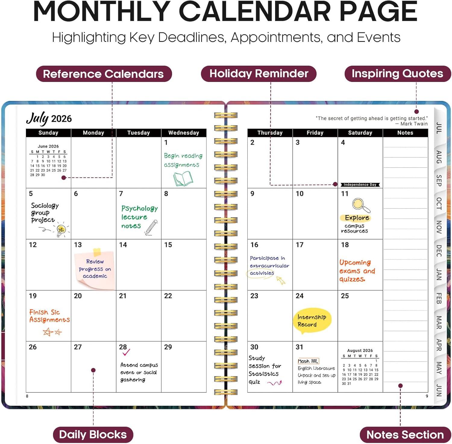 image:imagePlanner 20262027 Academic Year Monthly and Weekly Calendar Planner Jul 2026 Jun 2027 Hardcover Teacher Student Planning Agenda book with Tabs Perfect for School Office Supplies 63 x 85 Wild RoseMRadiant Pastures
