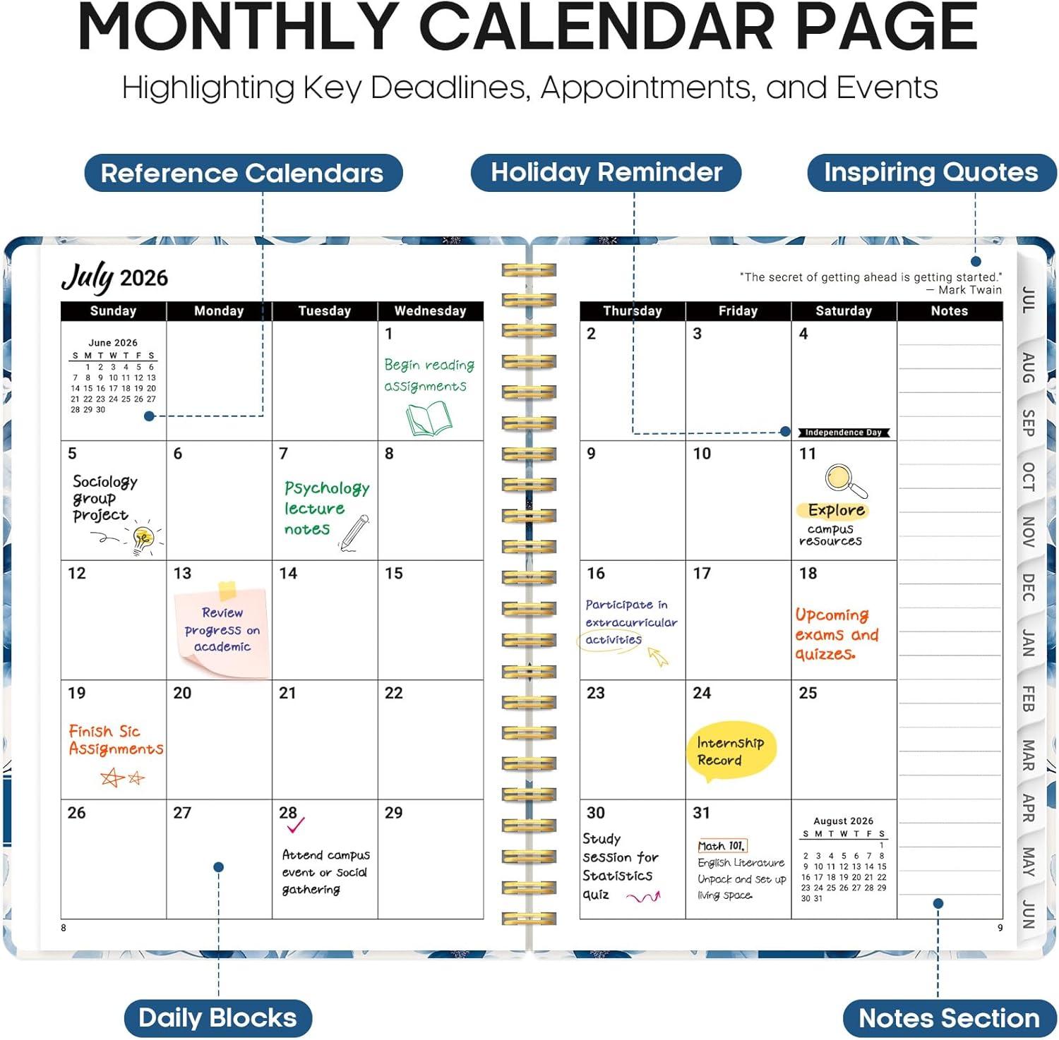 image:imagePlanner 20262027 Academic Year Monthly and Weekly Calendar Planner Jul 2026 Jun 2027 Hardcover Teacher Student Planning Agenda book with Tabs Perfect for School Office Supplies 63 x 85 Wild RoseNWatercolor Petal