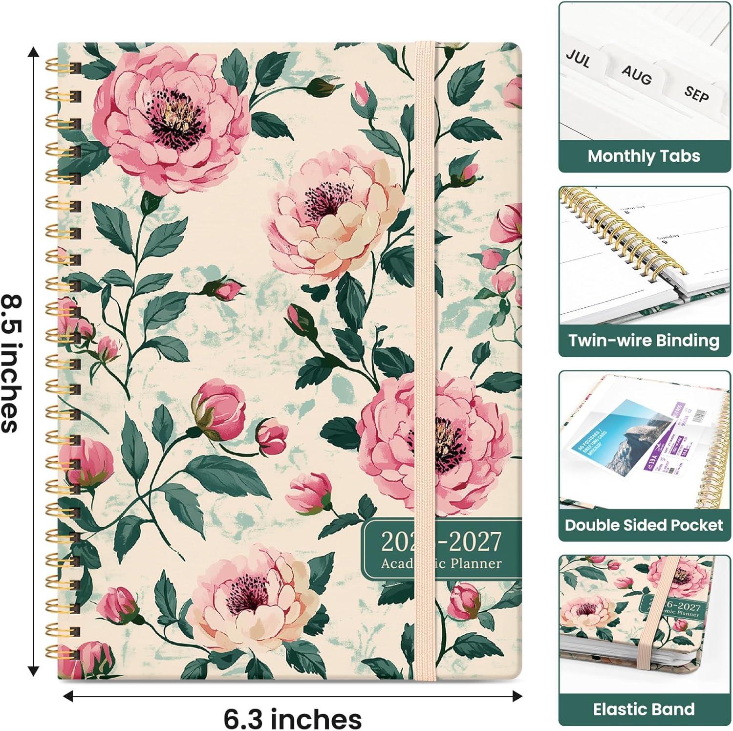 image:imagePlanner 20262027 Academic Year Monthly and Weekly Calendar Planner Jul 2026 Jun 2027 Hardcover Teacher Student Planning Agenda book with Tabs Perfect for School Office Supplies 63 x 85 Wild RoseUBlush Peony