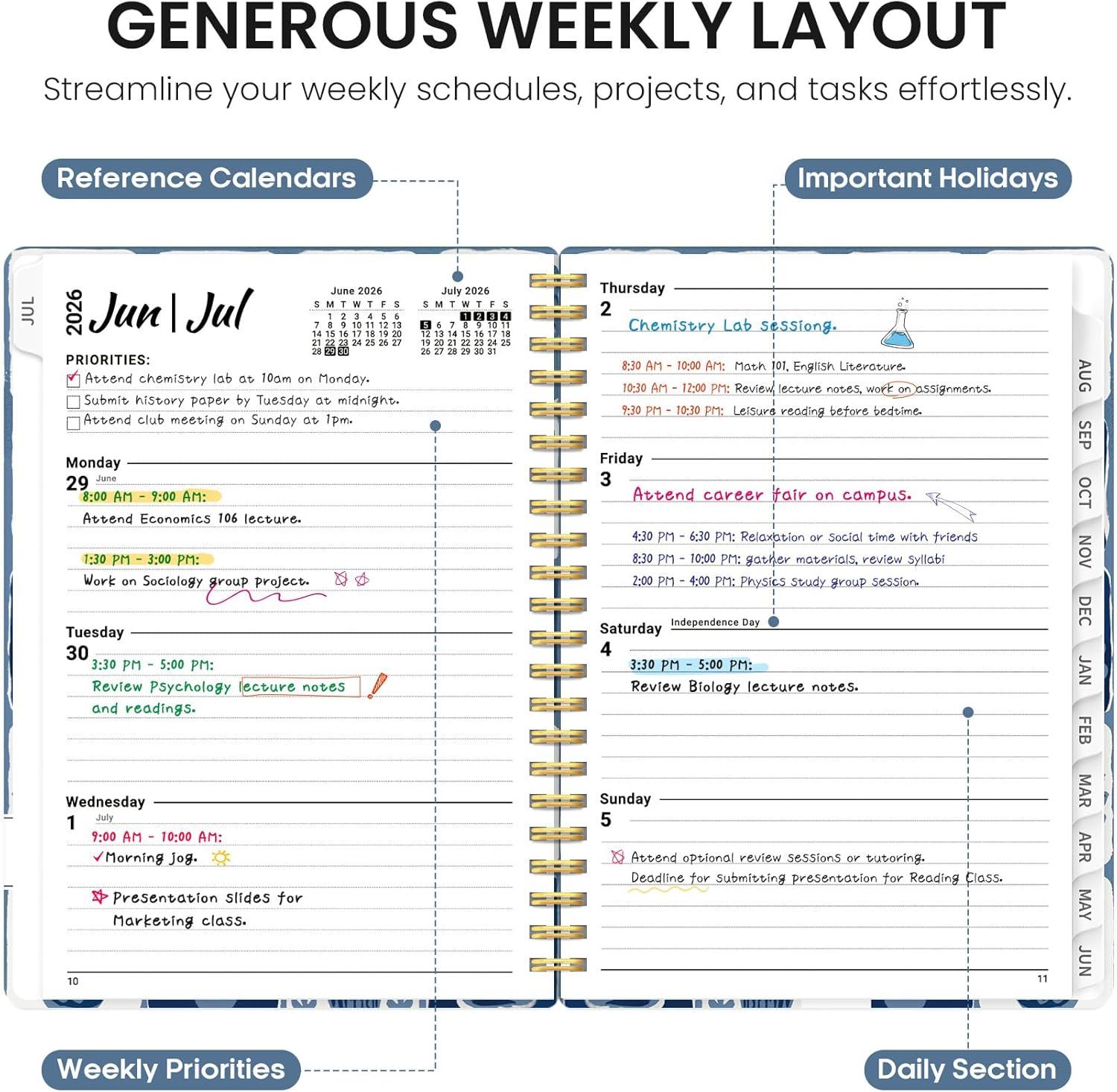 image:imagePlanner 20262027 Academic Year Monthly and Weekly Calendar Planner Jul 2026 Jun 2027 Hardcover Teacher Student Planning Agenda book with Tabs Perfect for School Office Supplies 63 x 85 Wild RoseQBlue Art