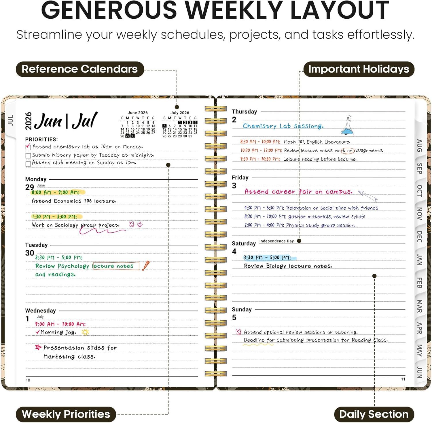 image:imagePlanner 20262027 Academic Year Monthly and Weekly Calendar Planner Jul 2026 Jun 2027 Hardcover Teacher Student Planning Agenda book with Tabs Perfect for School Office Supplies 63 x 85 Wild RoseCWild Rose