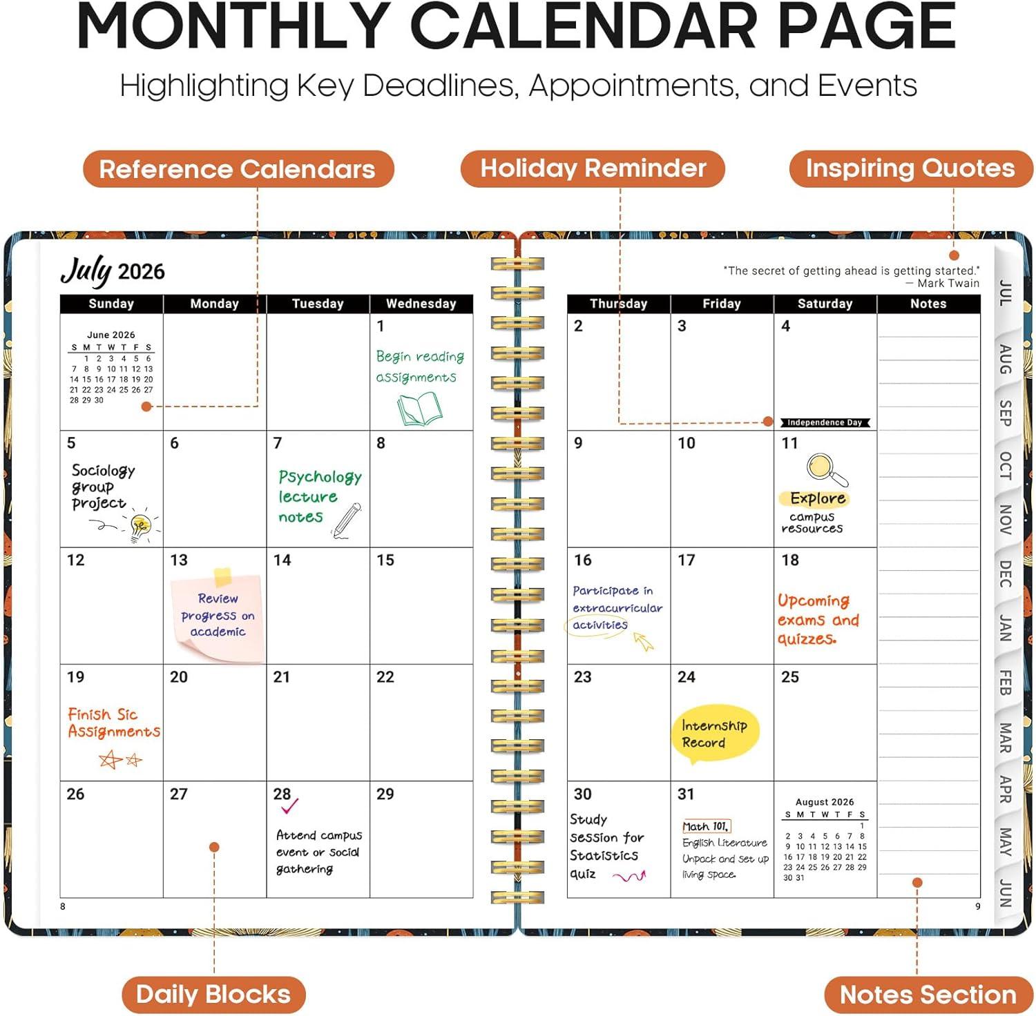 image:imagePlanner 20262027 Academic Year Monthly and Weekly Calendar Planner Jul 2026 Jun 2027 Hardcover Teacher Student Planning Agenda book with Tabs Perfect for School Office Supplies 63 x 85 Wild RoseREnchanted Mushrooms