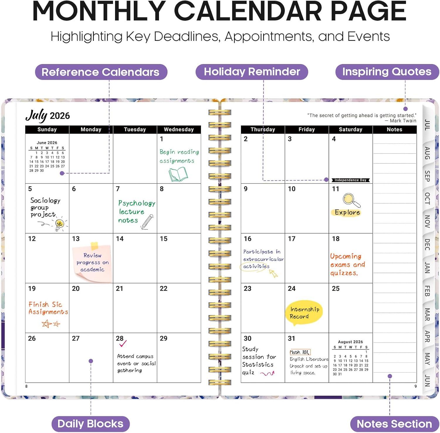 image:imagePlanner 20262027 Academic Year Monthly and Weekly Calendar Planner Jul 2026 Jun 2027 Hardcover Teacher Student Planning Agenda book with Tabs Perfect for School Office Supplies 63 x 85 Wild RoseBPurple Blocks